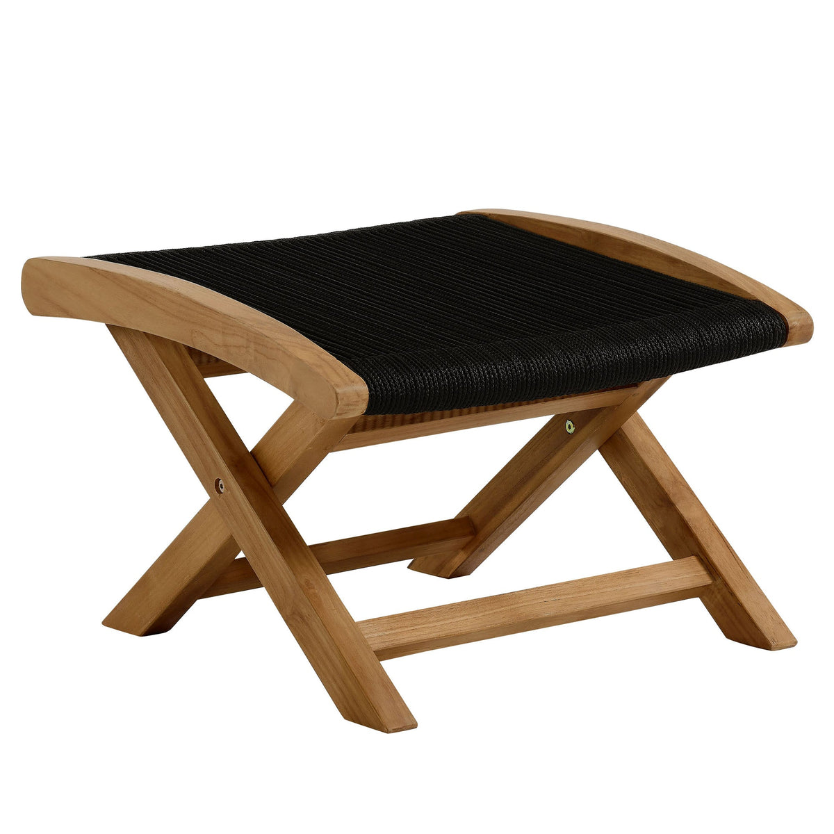 Vienna Outdoor Patio Teak and Rope Folding Ottoman, Natural Black