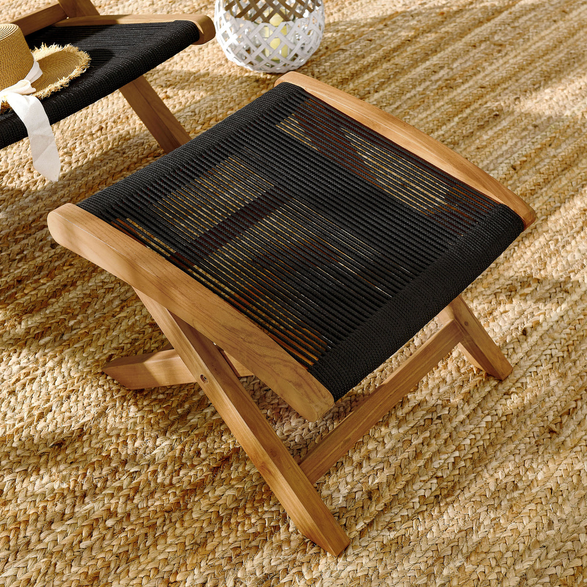 Vienna Outdoor Patio Teak and Rope Folding Ottoman, Natural Black