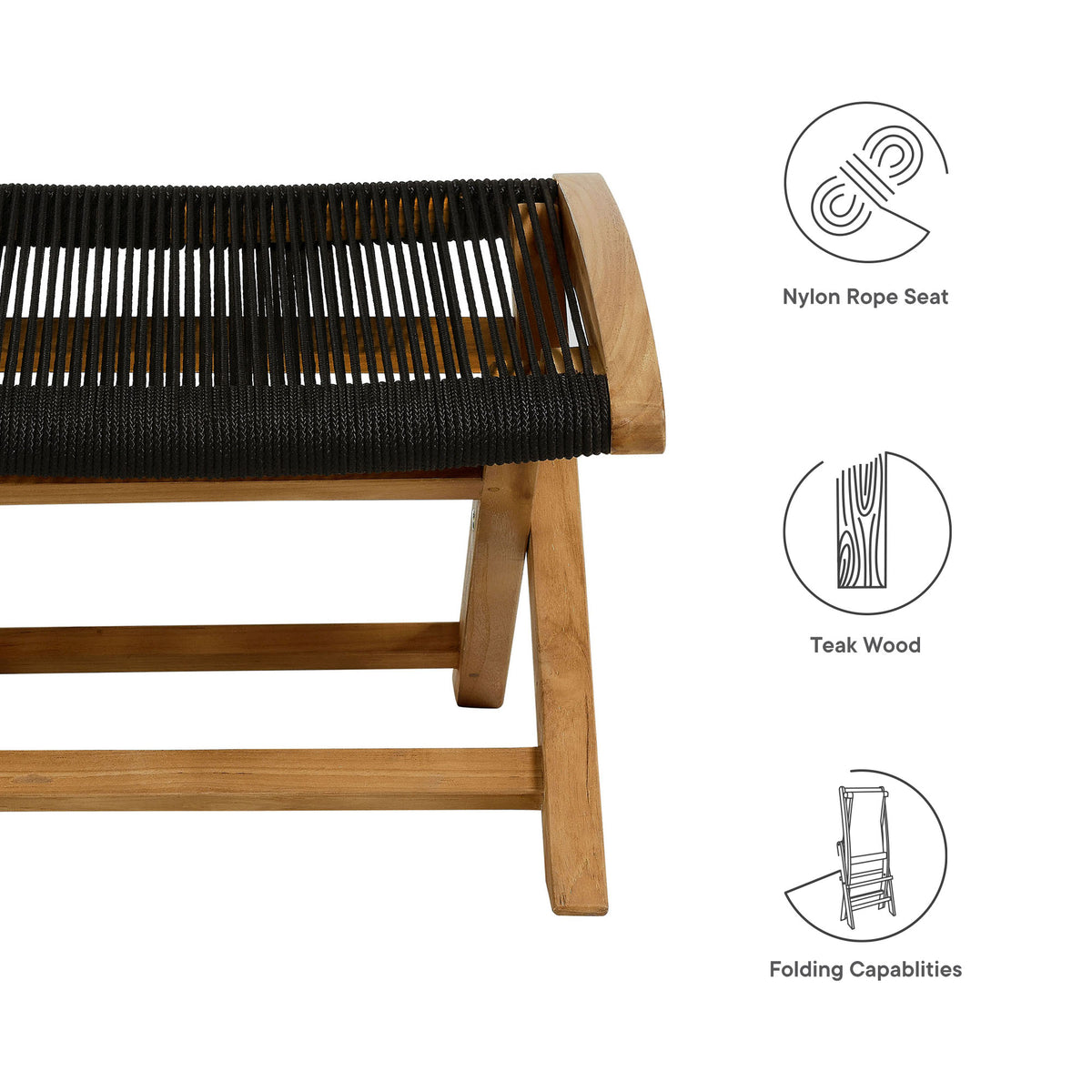 Vienna Outdoor Patio Teak and Rope Folding Ottoman, Natural Black