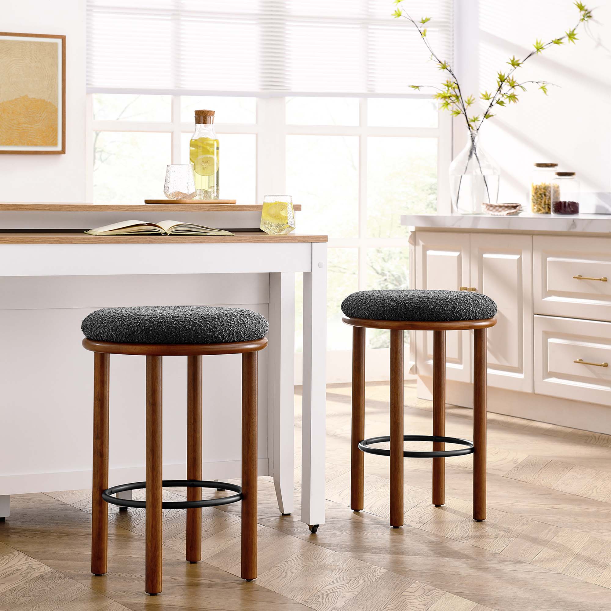 Fable Boucle Fabric Counter Stools Set of 2, Walnut Charcoal