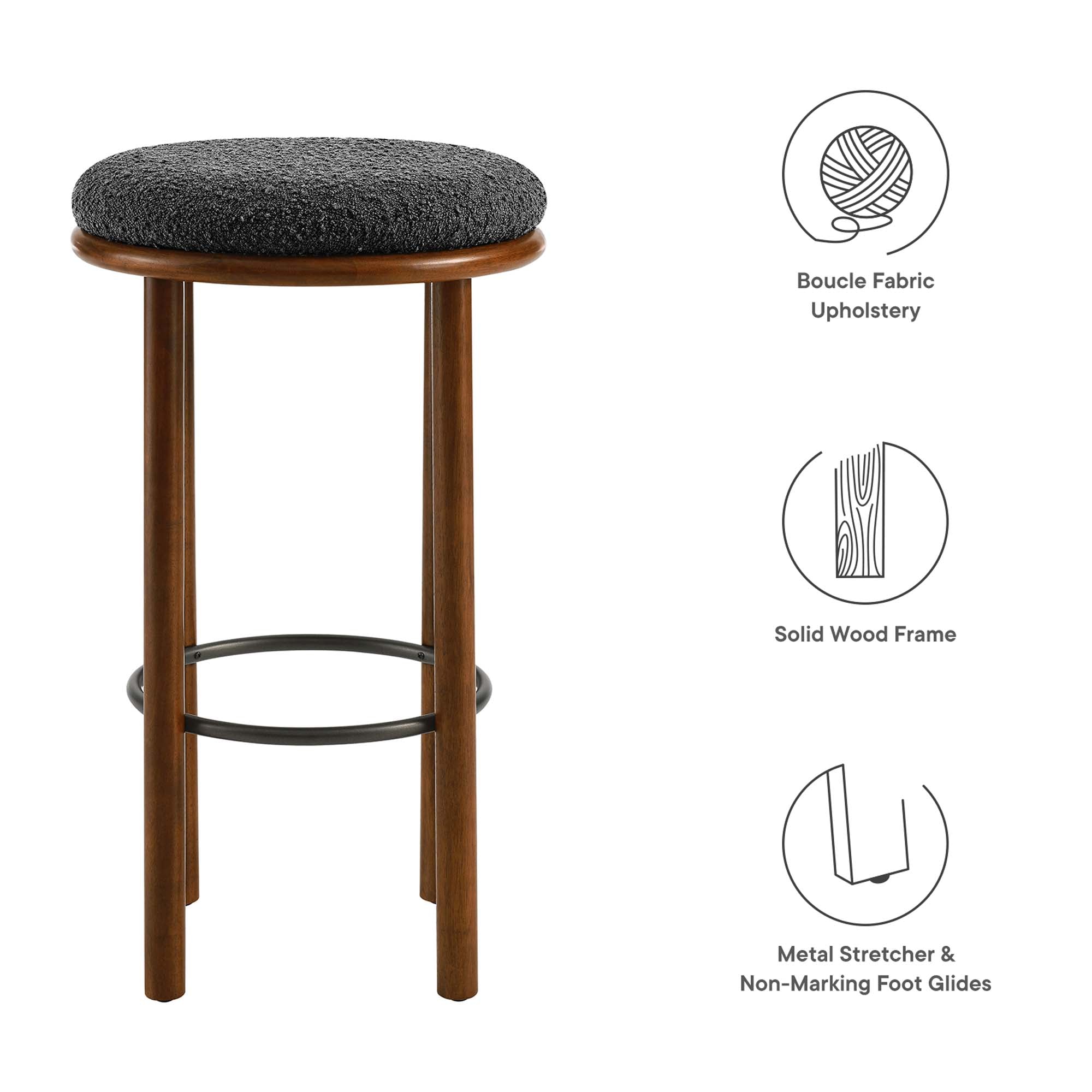 Fable Boucle Fabric Bar Stools Set of 2, Walnut Charcoal