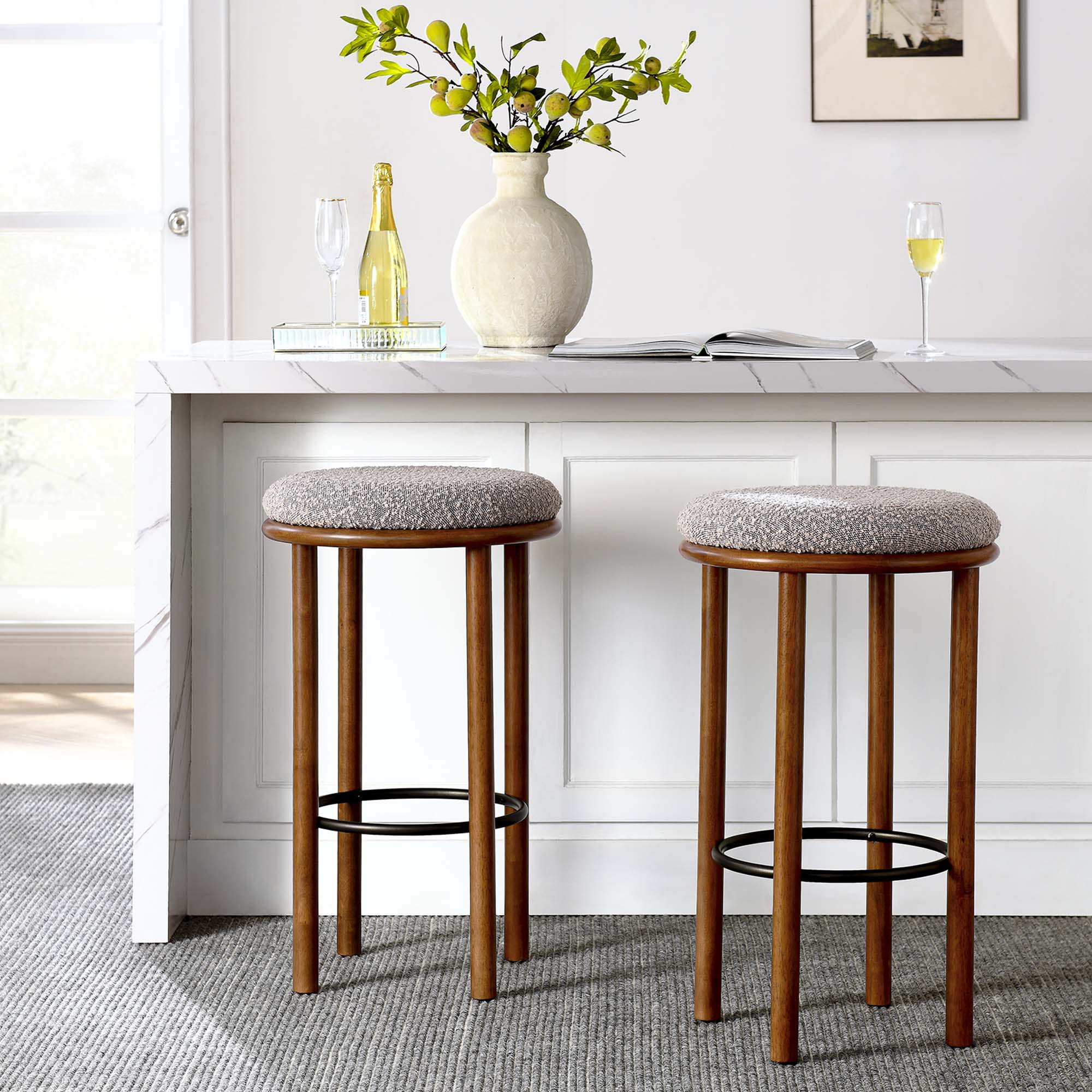 Fable Boucle Fabric Bar Stools Set of 2, Walnut Taupe
