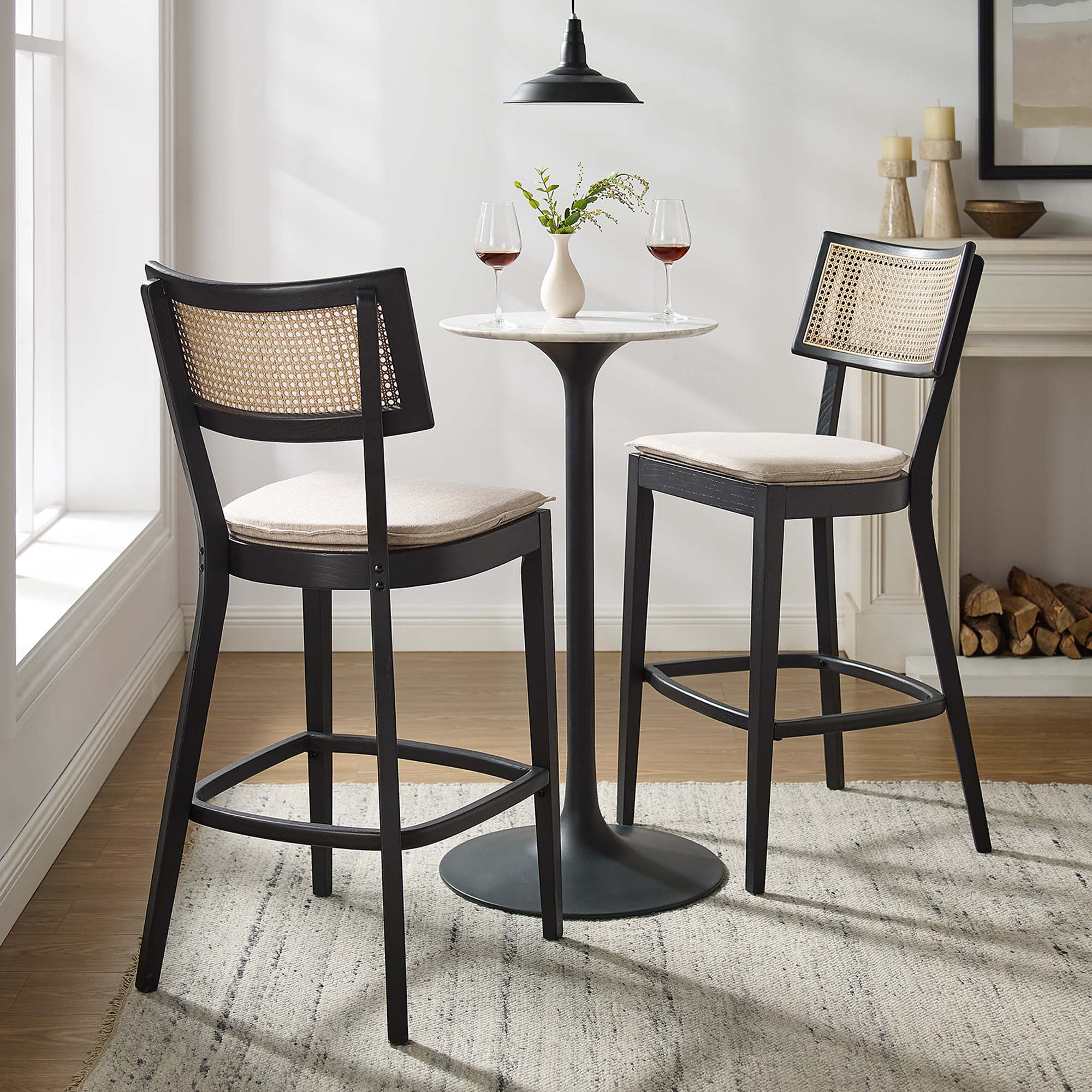 Caledonia Wood Bar Stools Set of 2, Black Beige