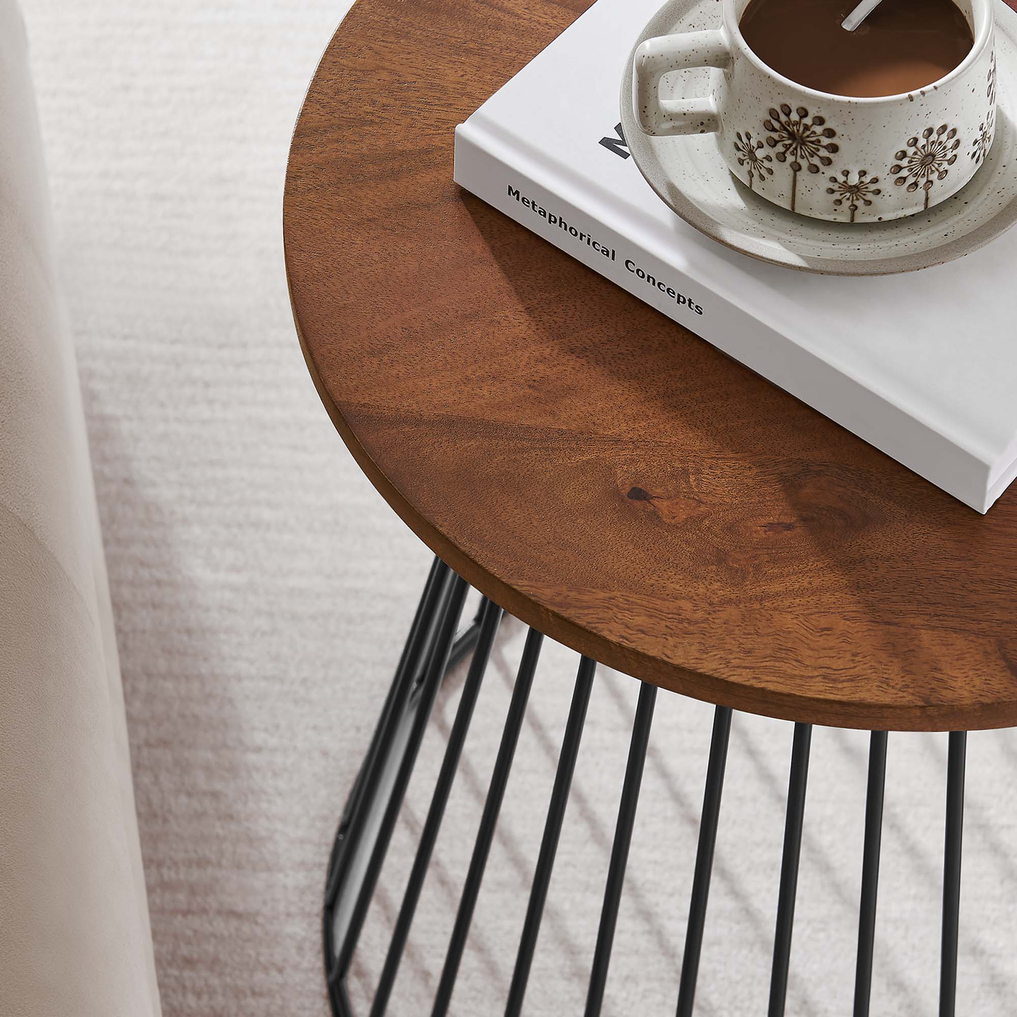 Valeo Round Wood and Metal Side Table, Walnut