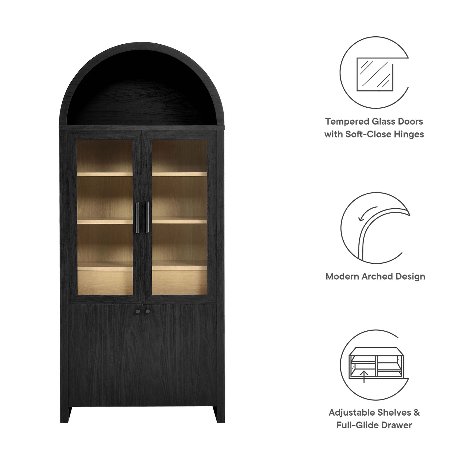 Evie Arched Tall Display Cabinet, Black Oak