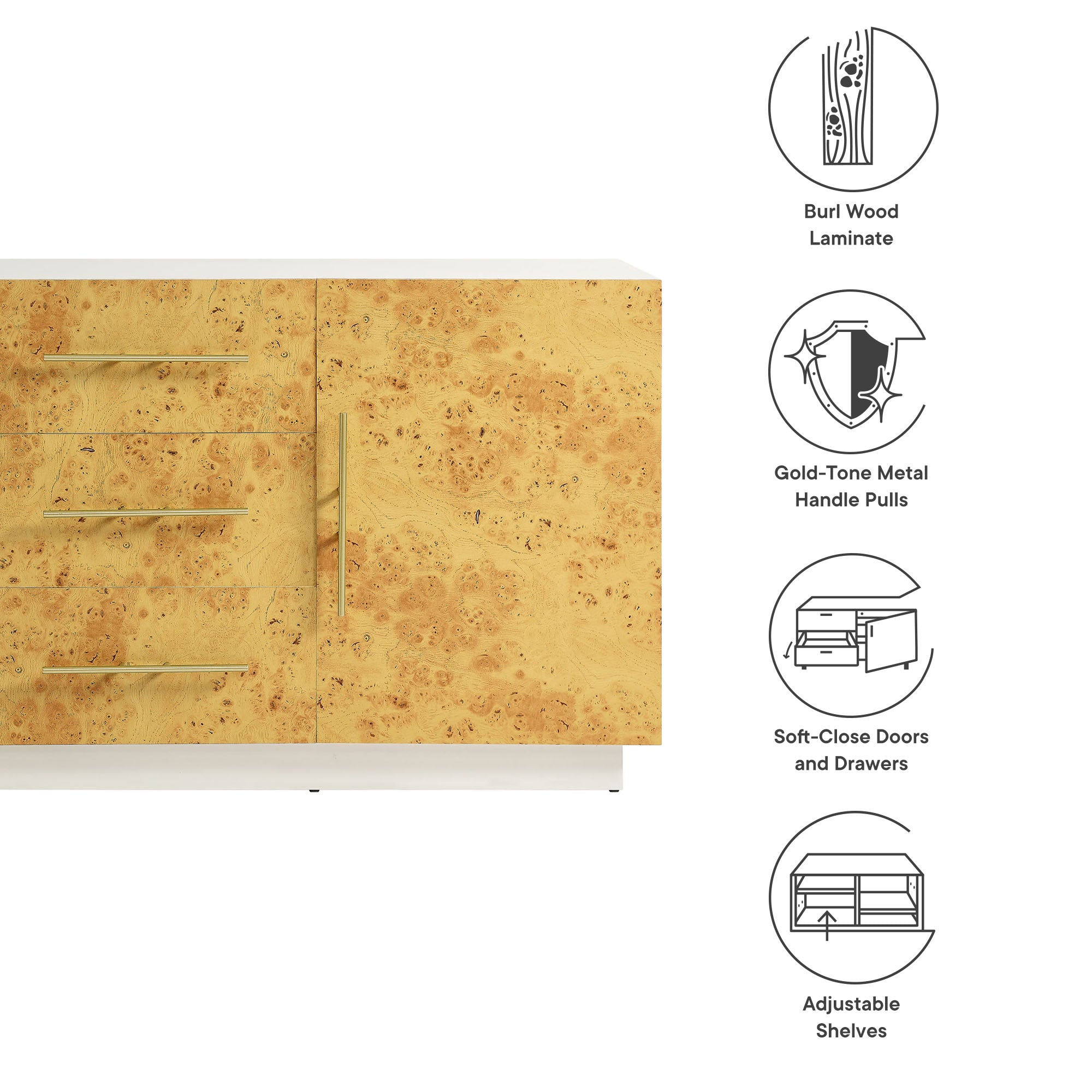 Abel 59 Inch Burl Wood Sideboard Buffet TV Stand, White Bleached Burl