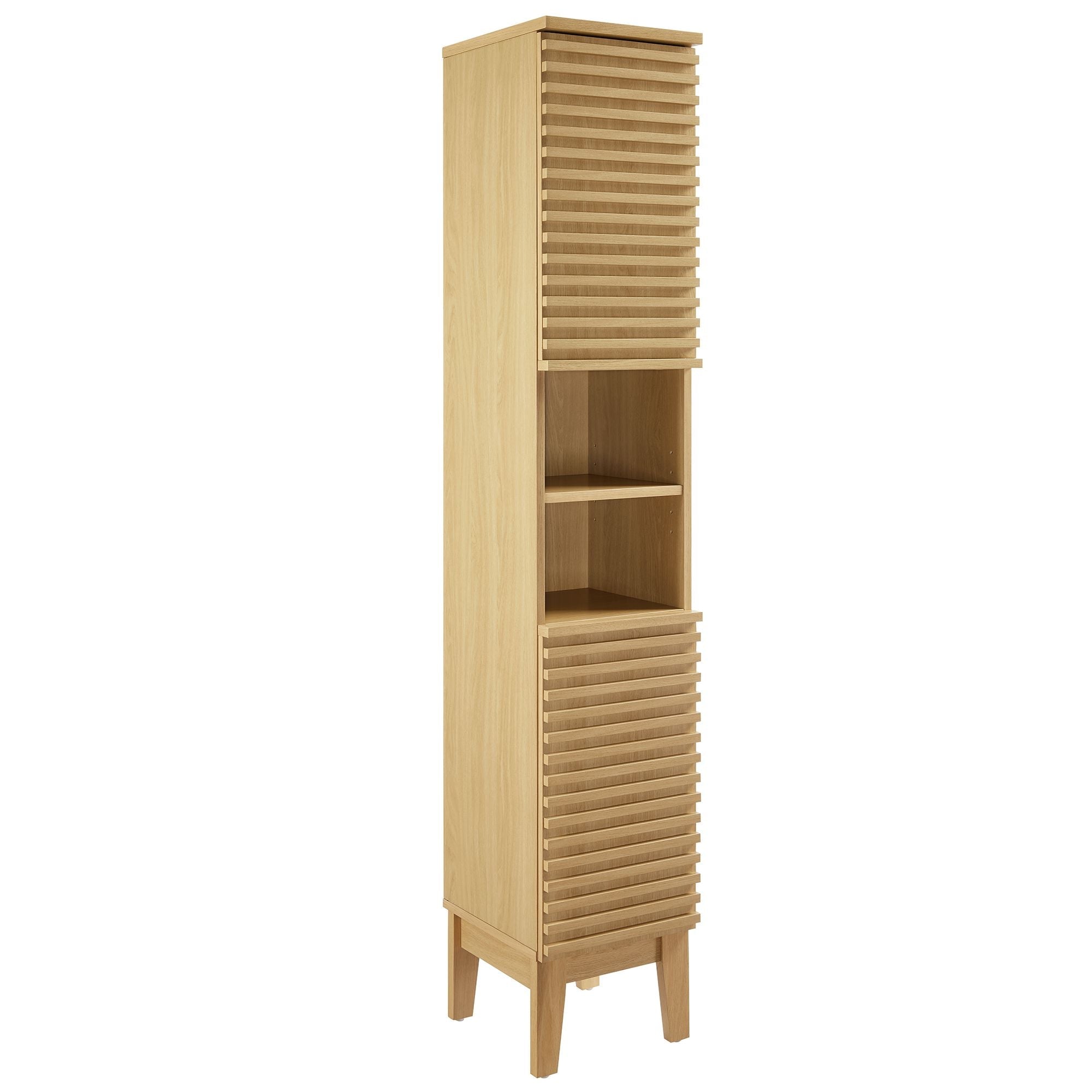 Render Tall Narrow Bathroom Storage Cabinet, Oak