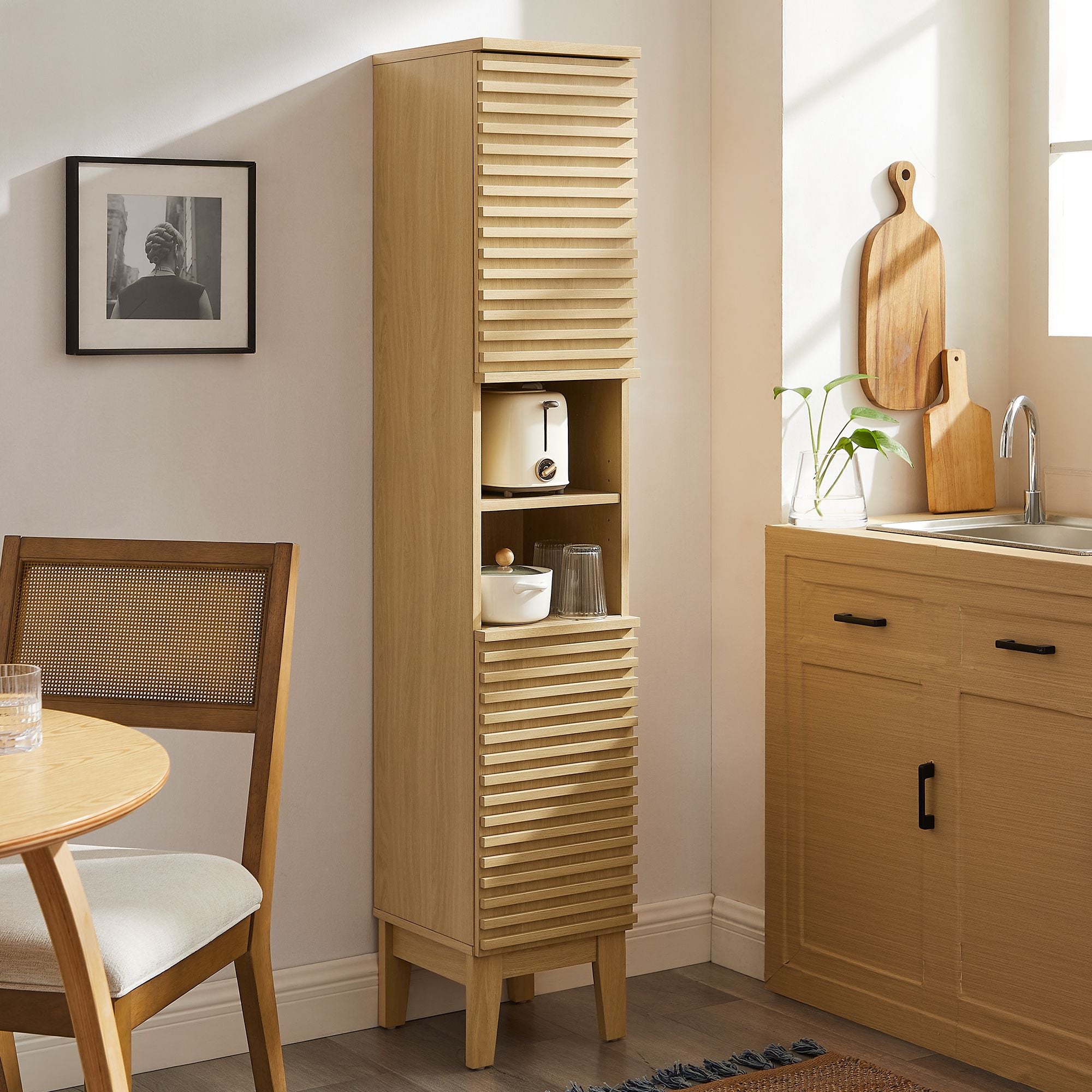 Render Tall Narrow Bathroom Storage Cabinet, Oak