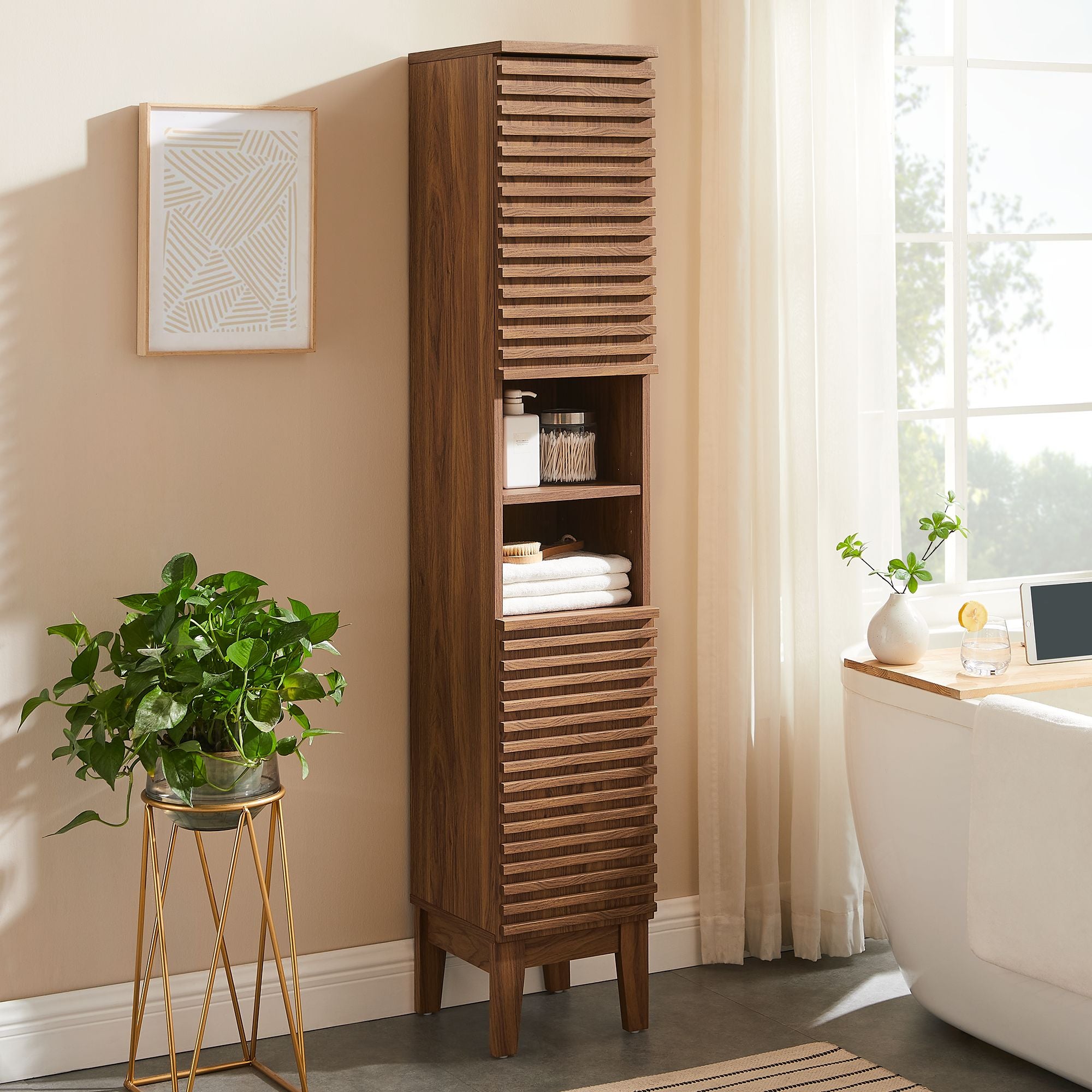 Render Tall Narrow Bathroom Storage Cabinet, Walnut