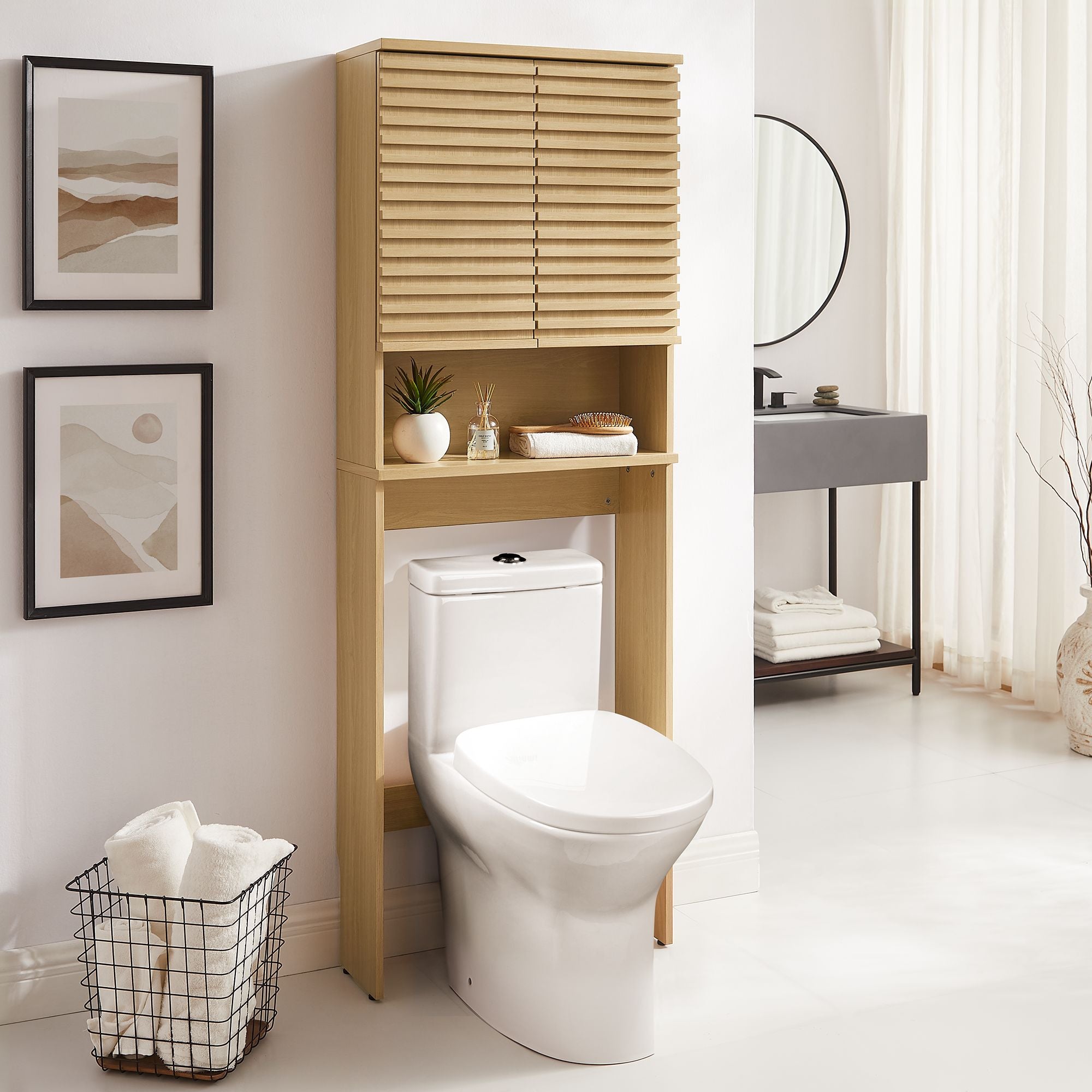 Render Over the Toilet Bathroom Storage Cabinet, Oak
