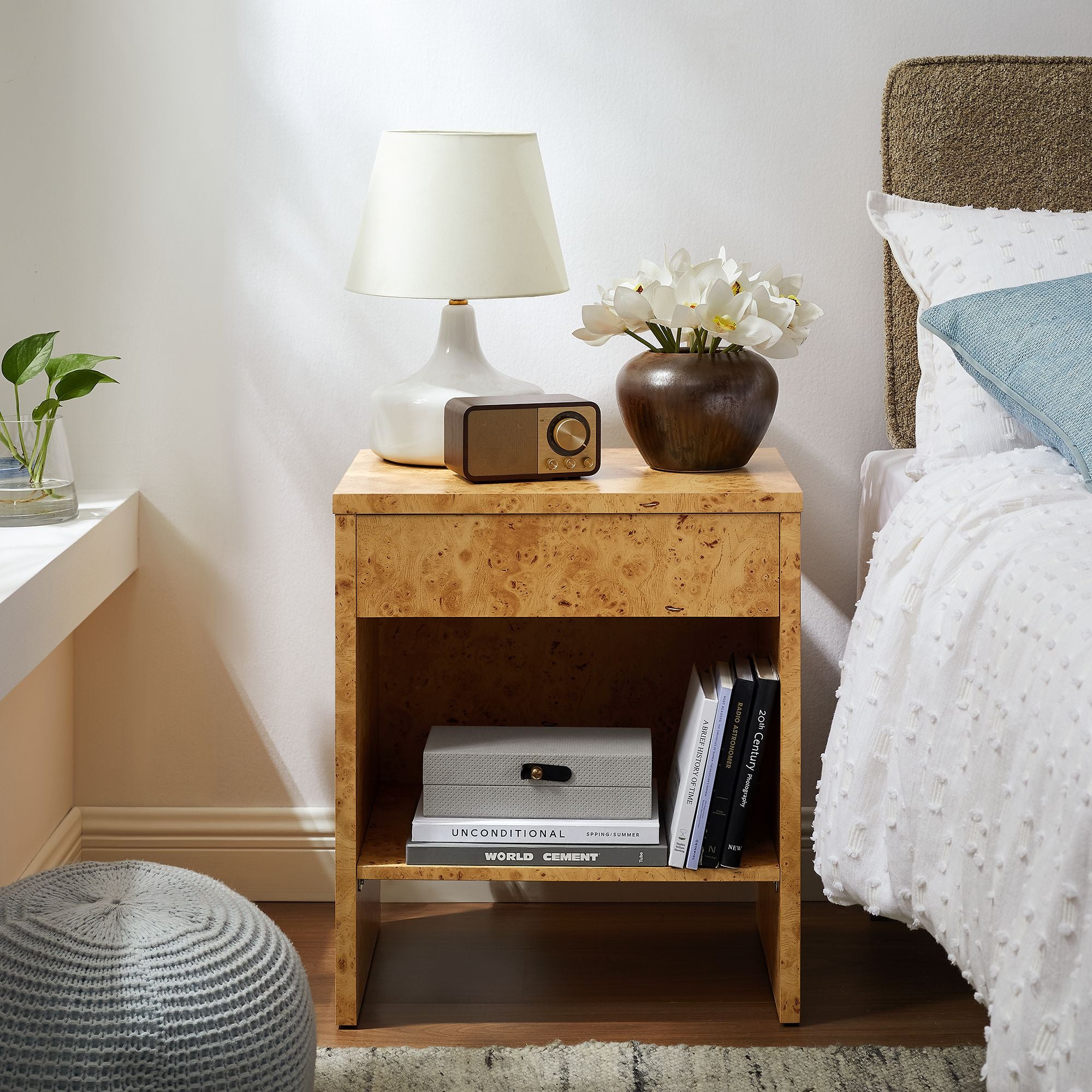 Hudson 1-Drawer Burl Wood Nightstand With Shelf, Natural