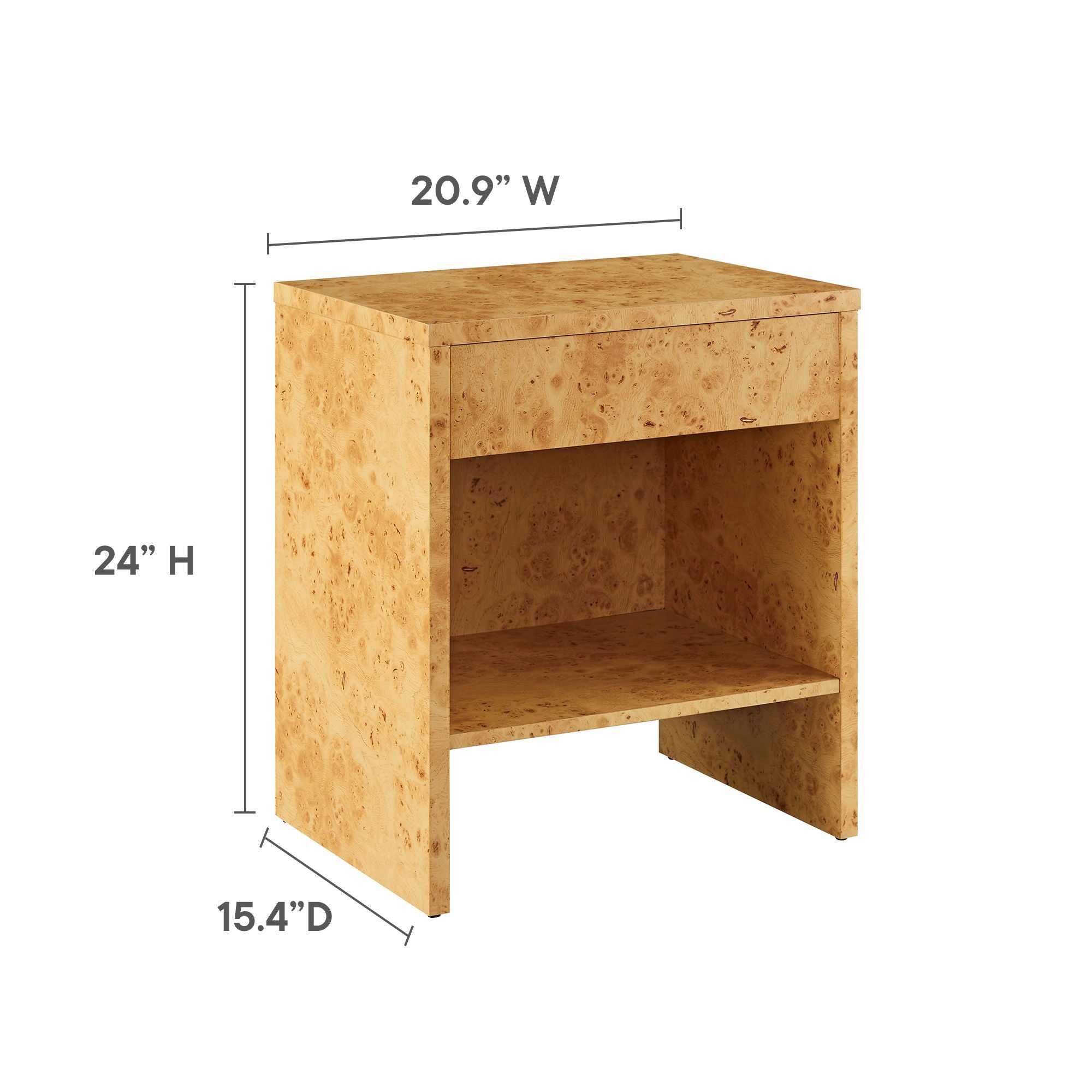 Hudson 1-Drawer Burl Wood Nightstand With Shelf, Natural