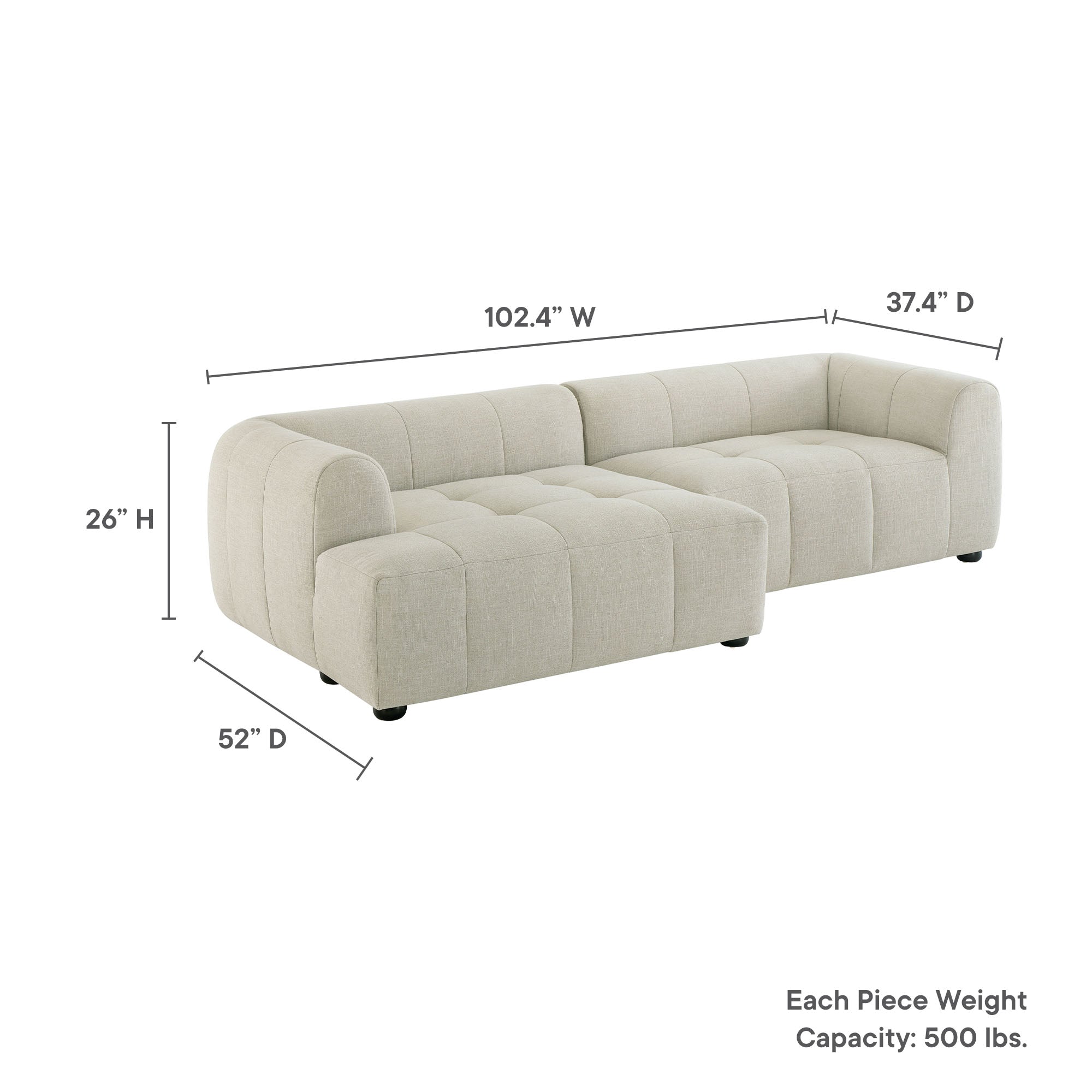 Liana Left-Facing Upholstered Fabric Modular Sofa with Chaise, Linen
