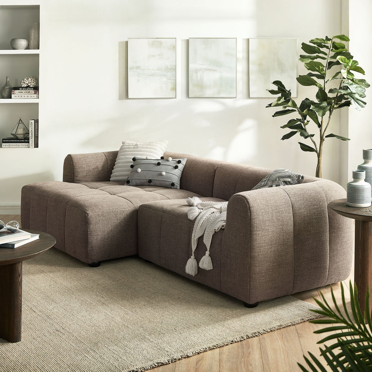 Liana Left-Facing Upholstered Fabric Modular Sofa with Chaise, Mocha