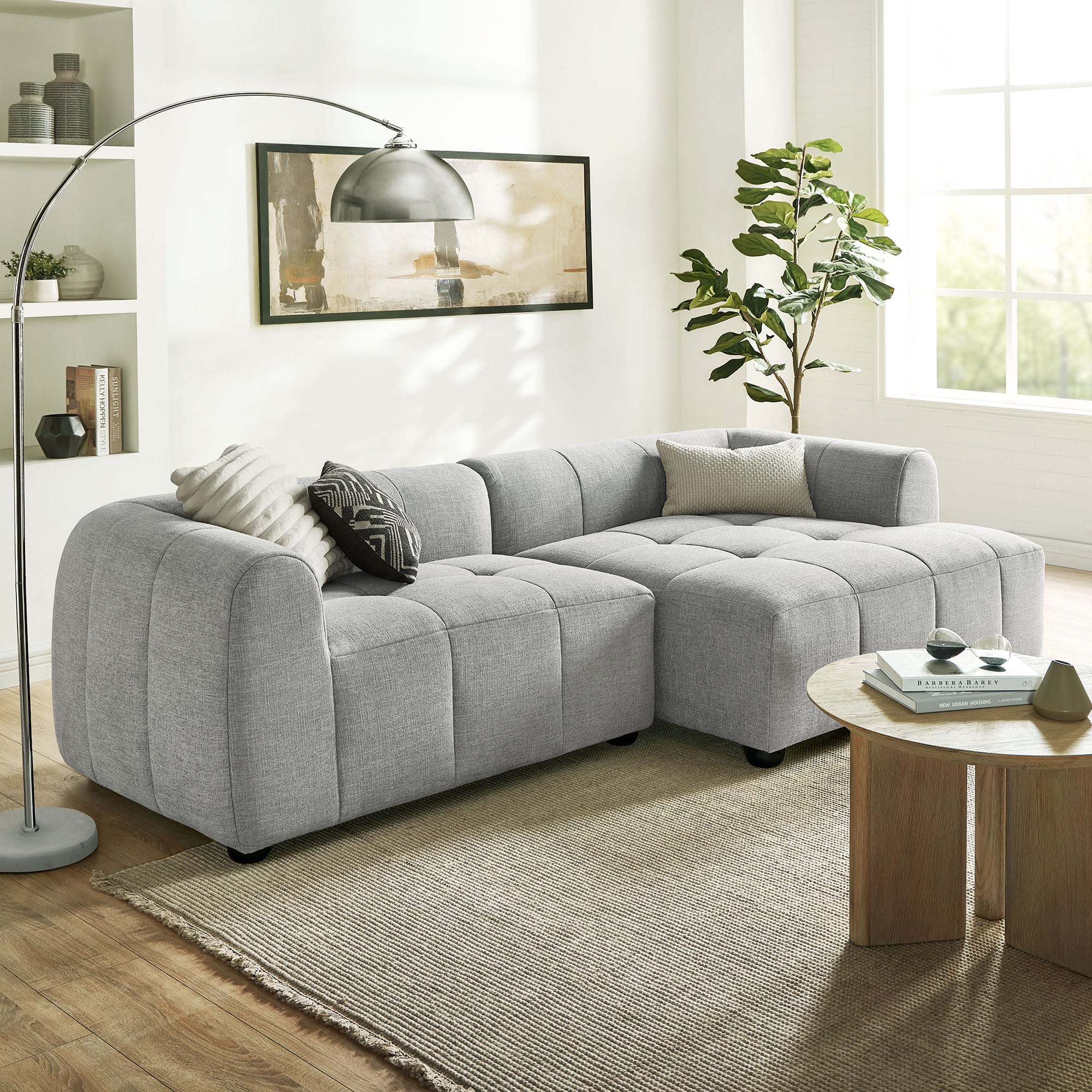 Liana Right-Facing Upholstered Fabric Modular Sofa with Chaise, Pewter