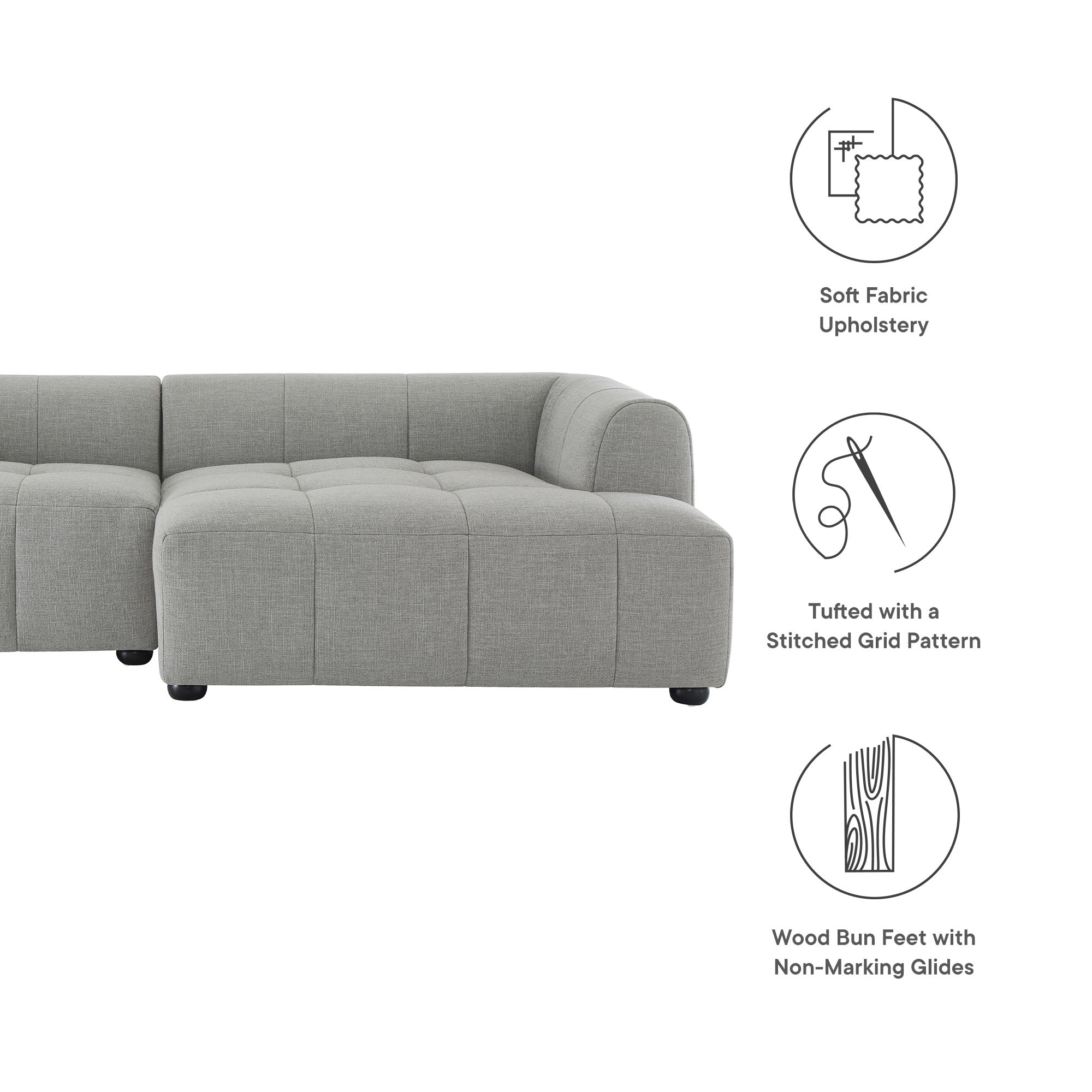 Liana Right-Facing Upholstered Fabric Modular Sofa with Chaise, Pewter