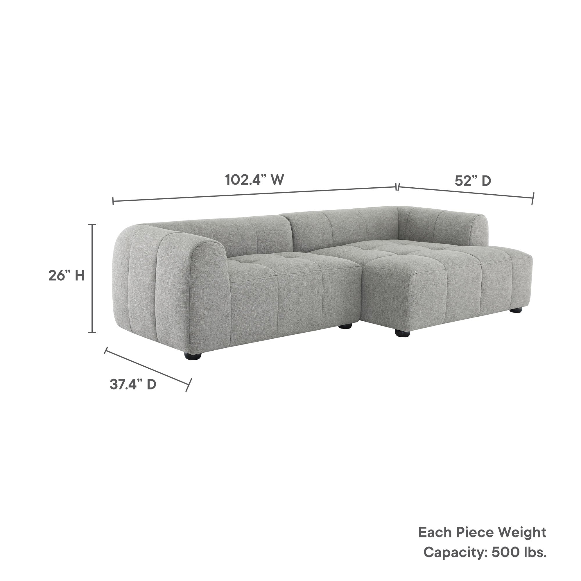Liana Right-Facing Upholstered Fabric Modular Sofa with Chaise, Pewter