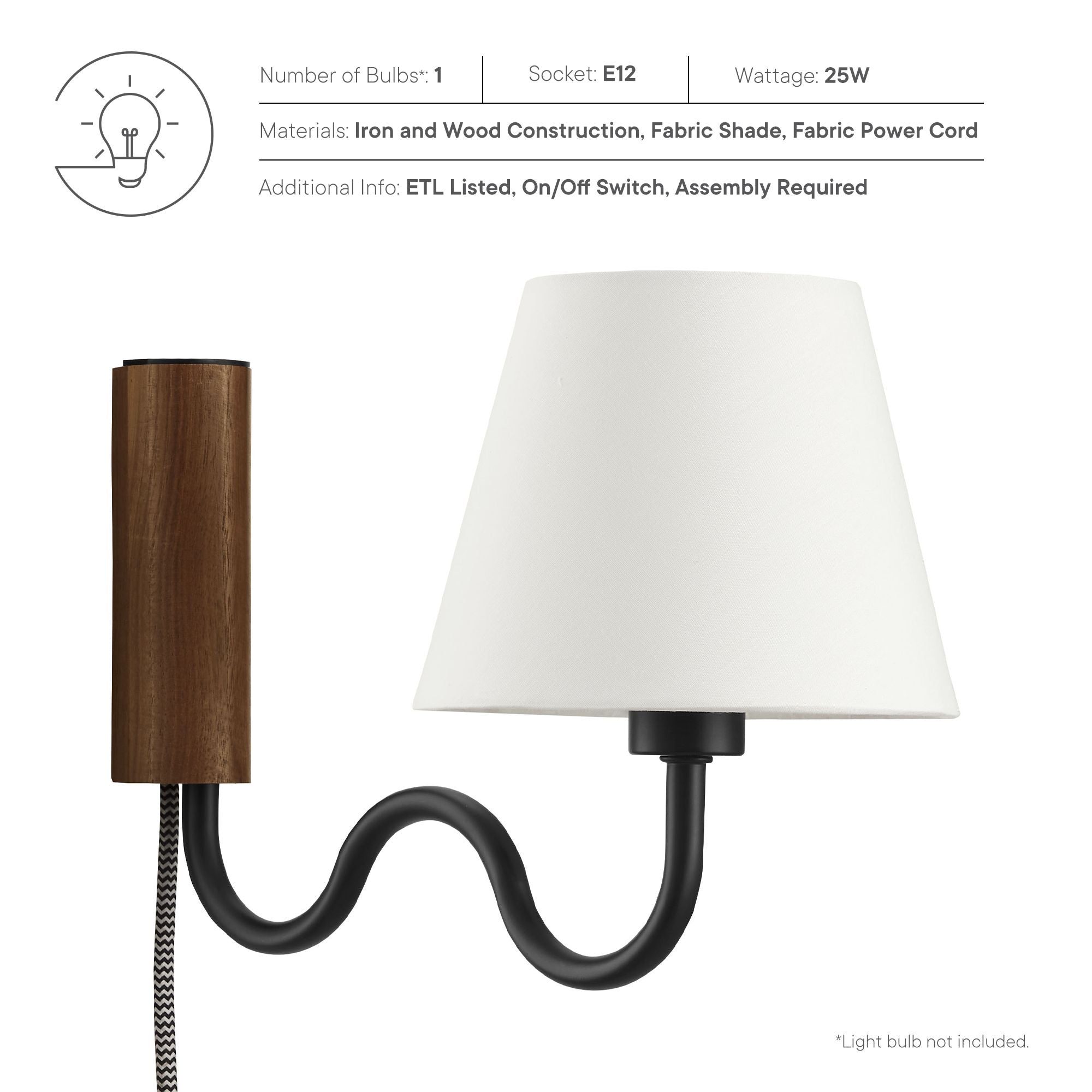 Sunlit Squiggle Arm Wall Sconce, Walnut Black