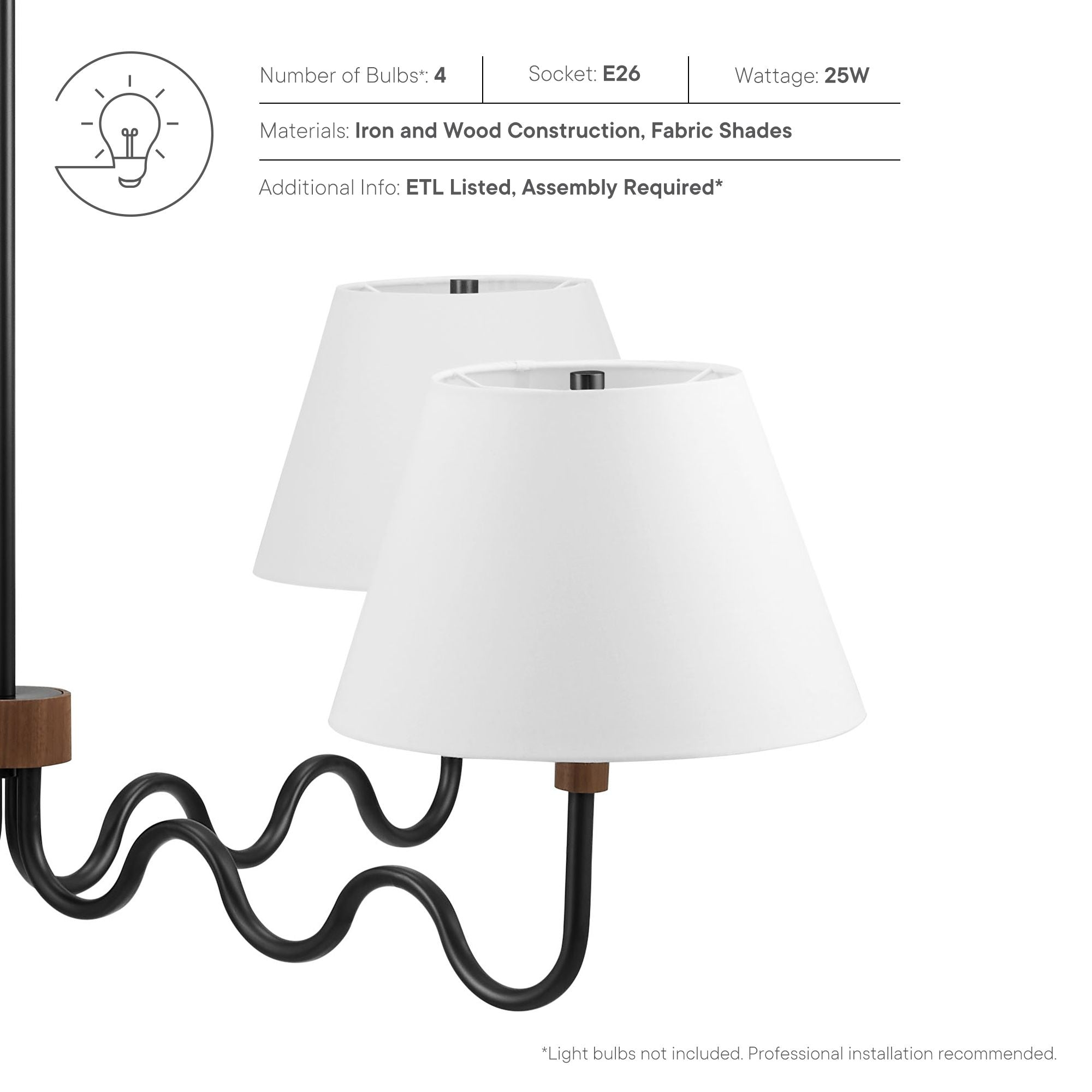 Sunlit Squiggle 4-Arm Pendant Light, Walnut Black