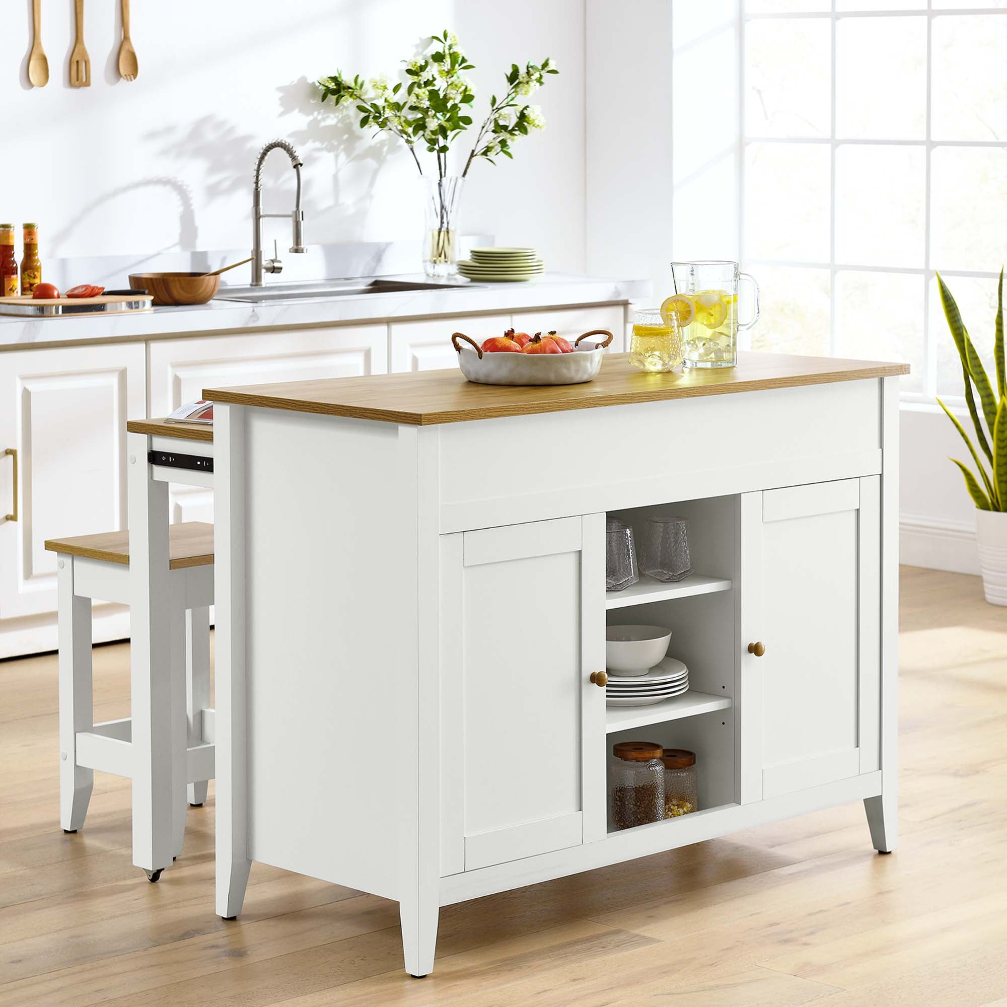 Garland 3-Piece Kitchen Island and Stool Set, Oak White