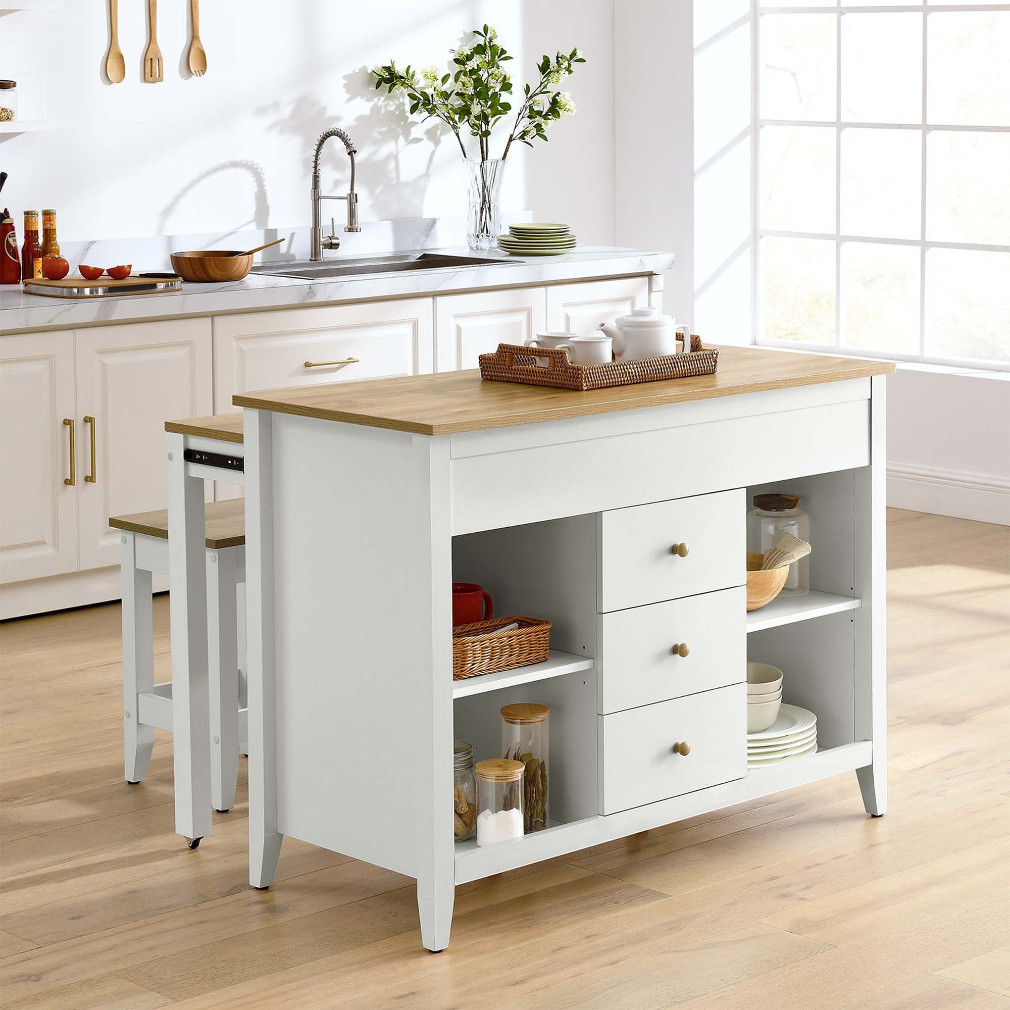 Farmstead 3-Piece Kitchen Island and Stool Set, Oak White