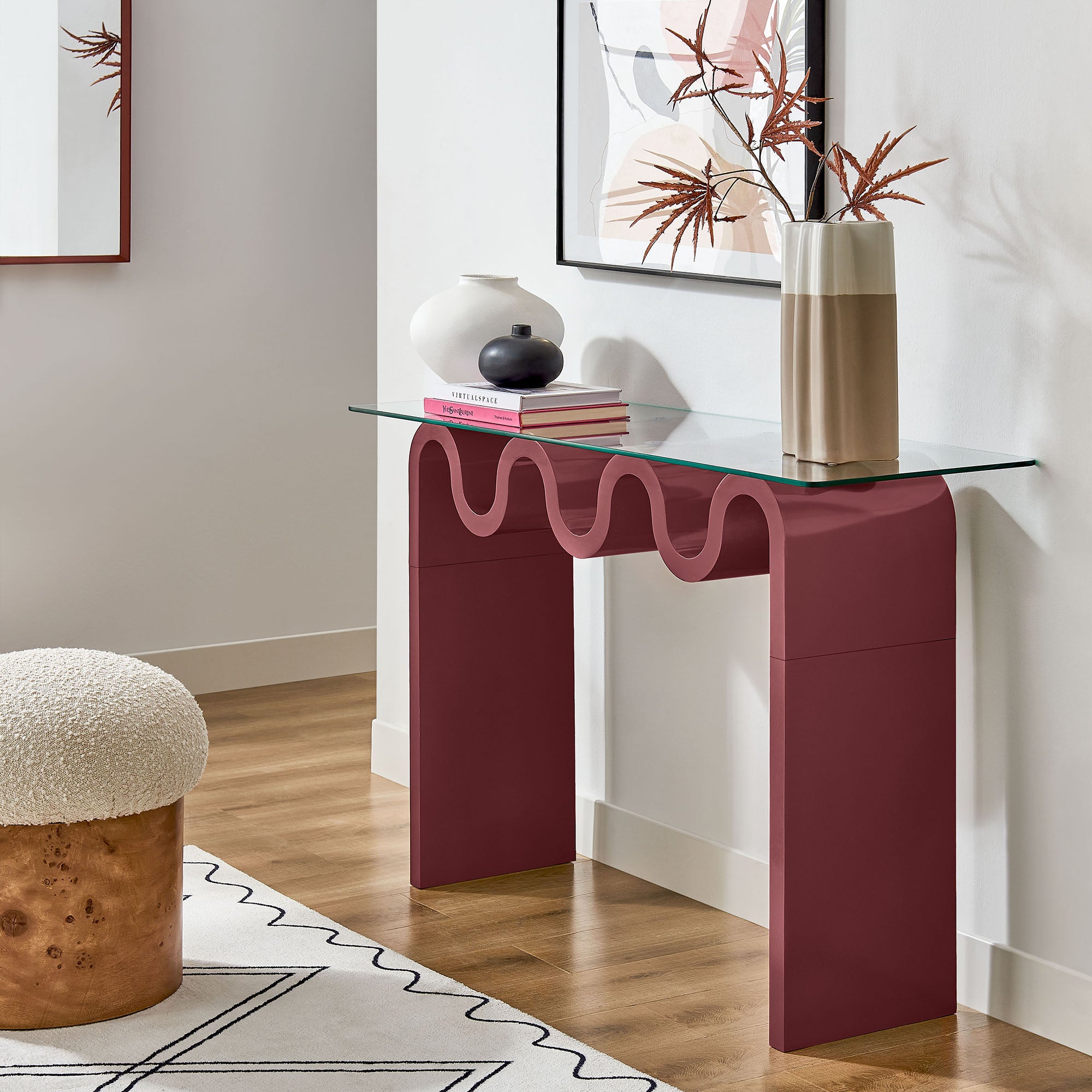 Ondine Glass Top 50" Console Table, Spiced Apple