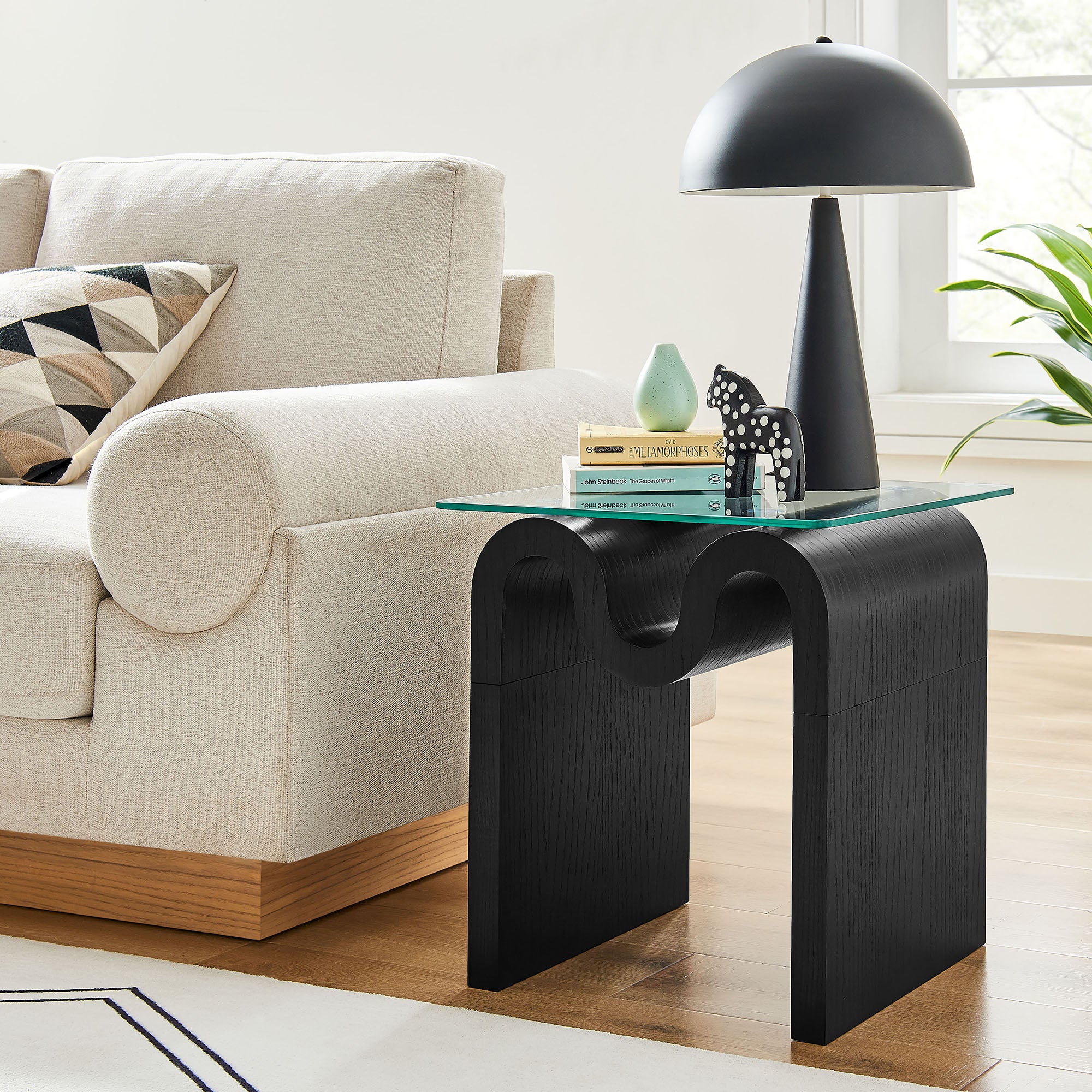 Ondine Glass Top Side Table, Black