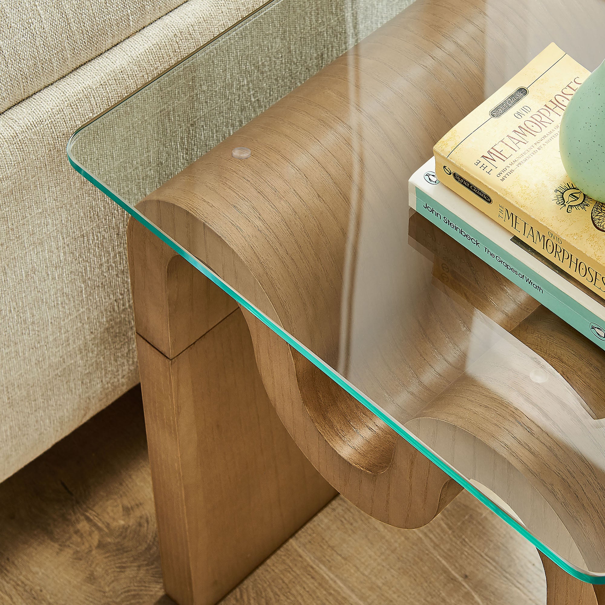 Ondine Glass Top Side Table, Natural