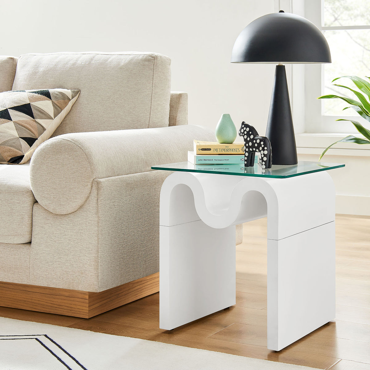 Ondine Glass Top Side Table, White