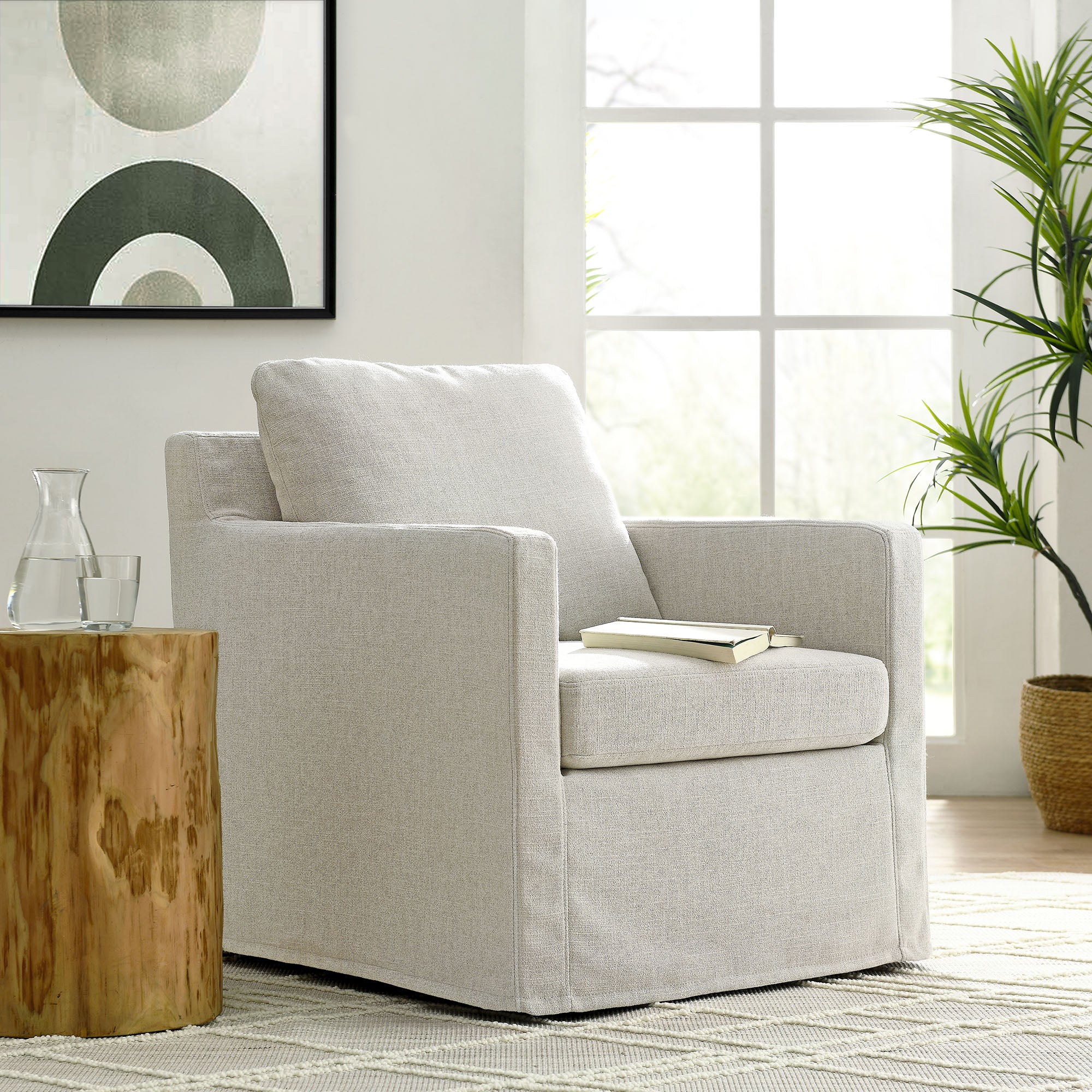 Serene Fabric Slipcovered Swivel Armchair, Linen
