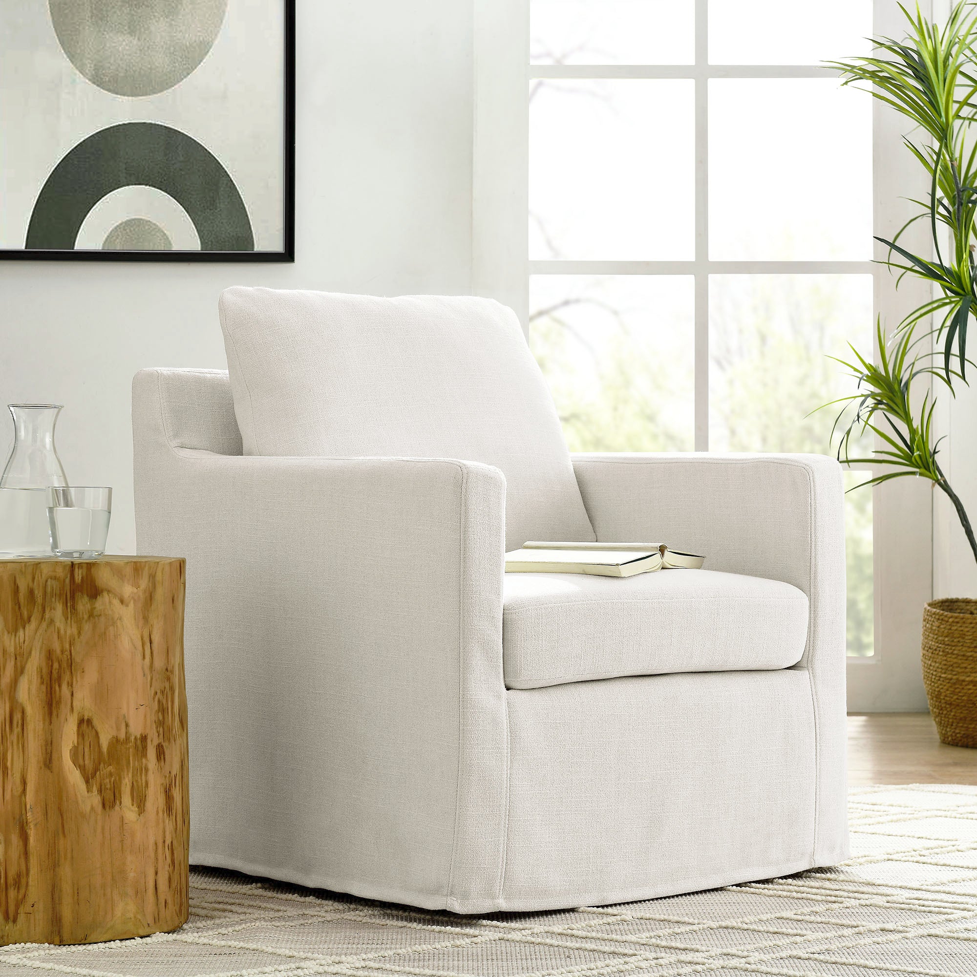 Serene Fabric Slipcovered Swivel Armchair, Salt