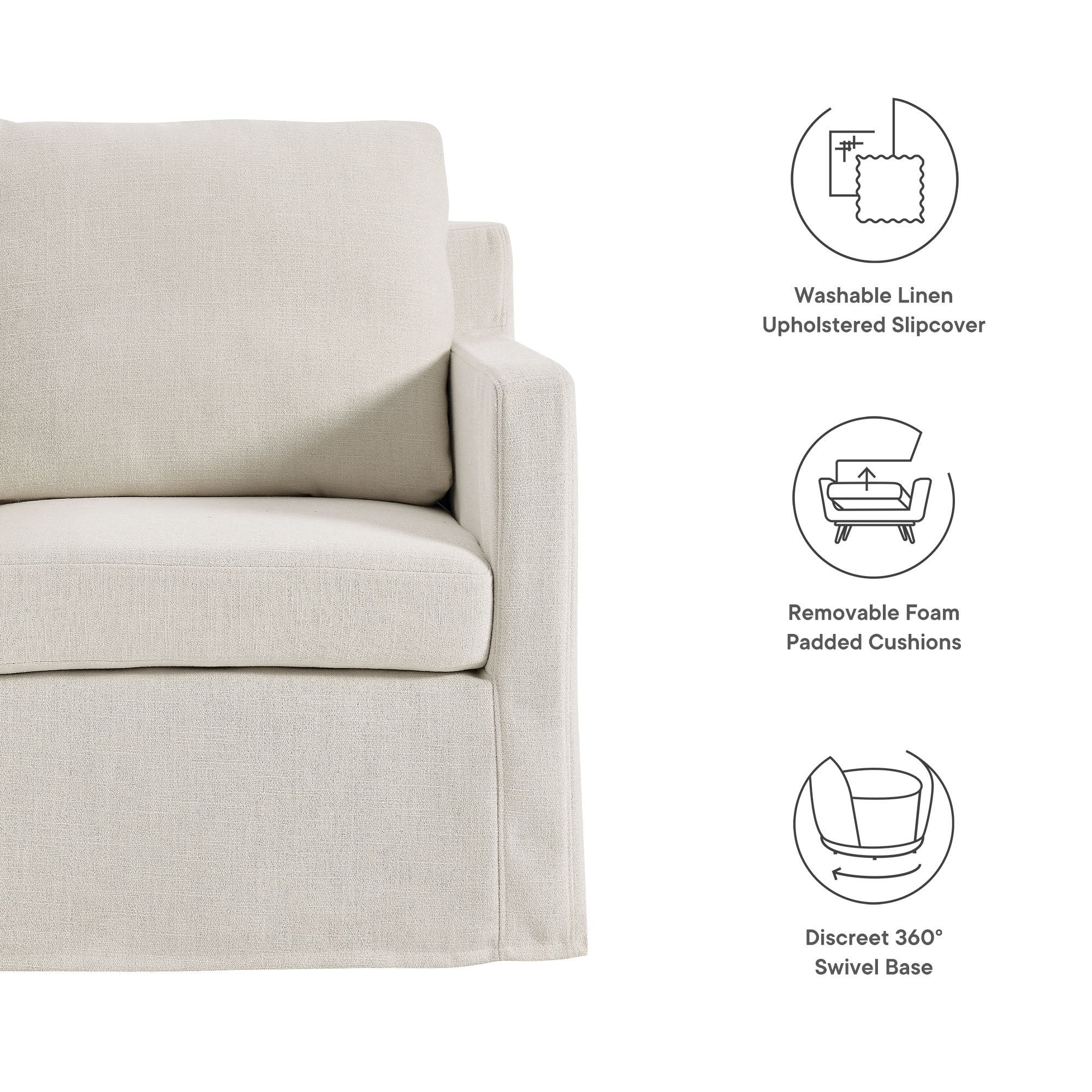 Serene Fabric Slipcovered Swivel Armchair, Salt
