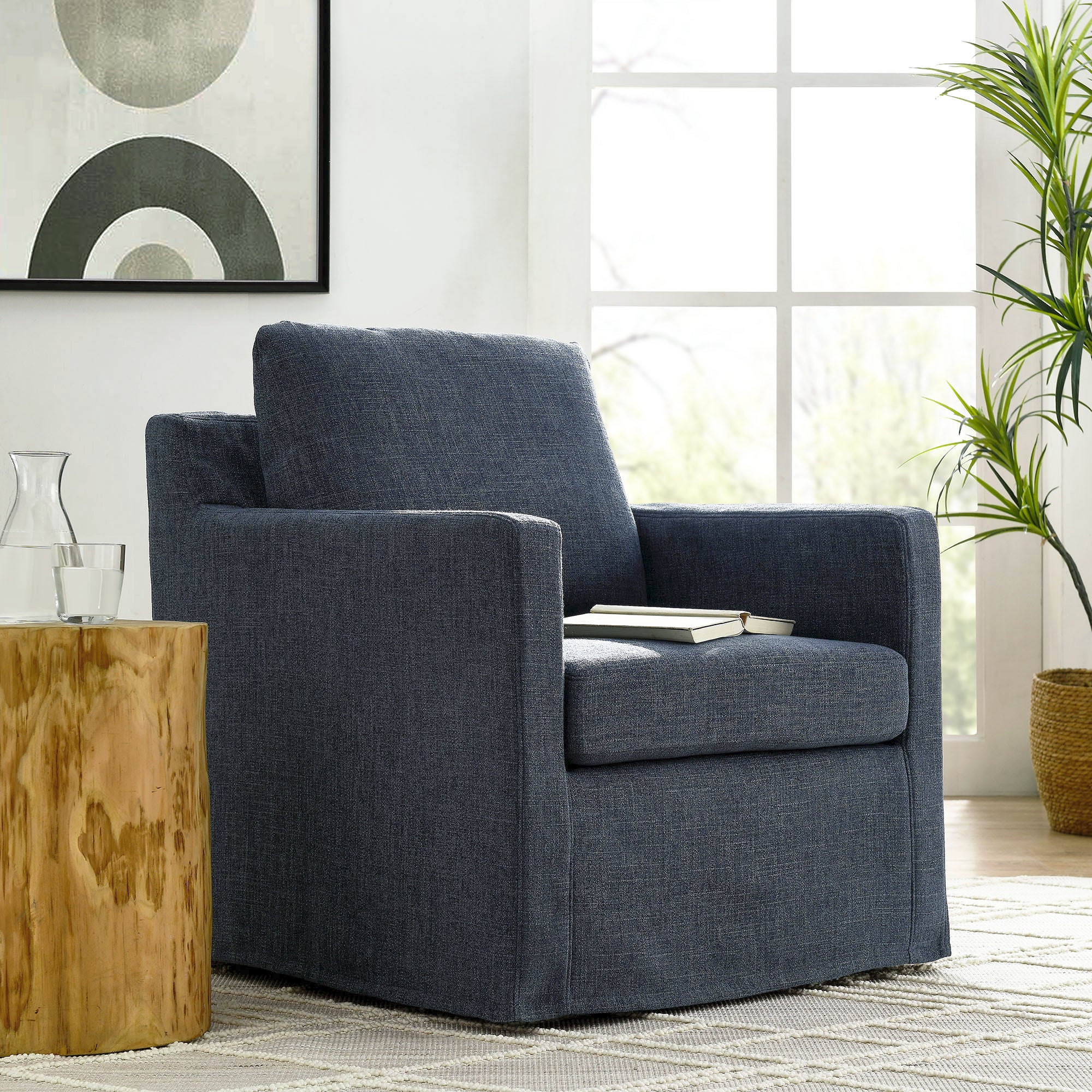 Serene Fabric Slipcovered Swivel Armchair, Slate Blue