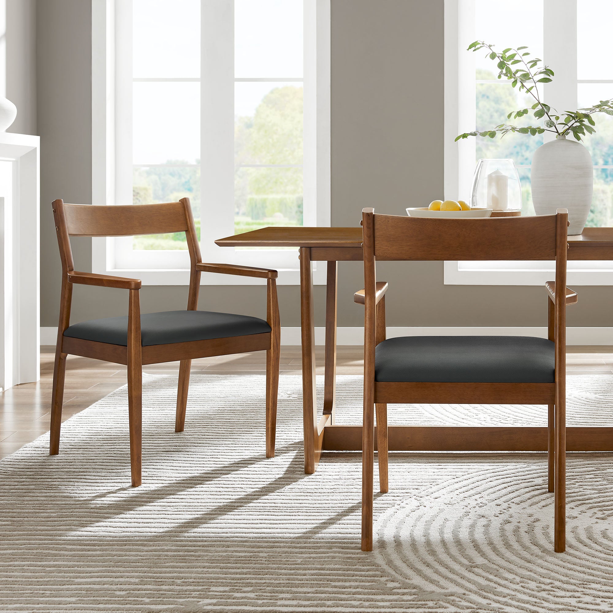 Solara Vegan Leather Wood Dining Armchairs Set of 2, Walnut Black