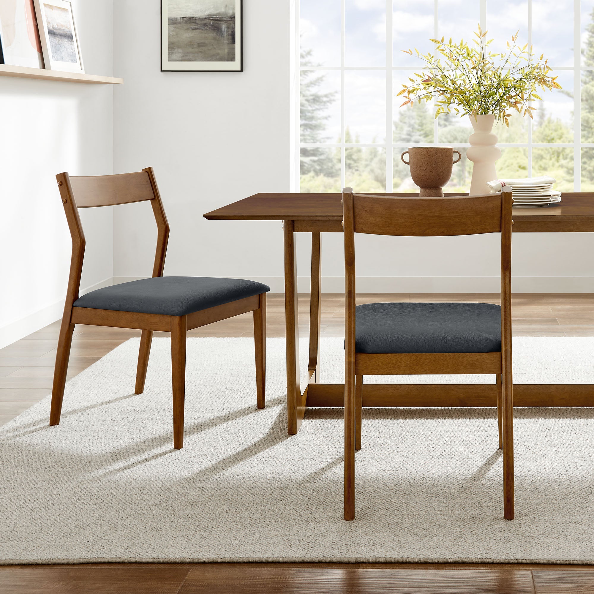Solara Vegan Leather Wood Dining Side Chairs Set of 2, Walnut Black