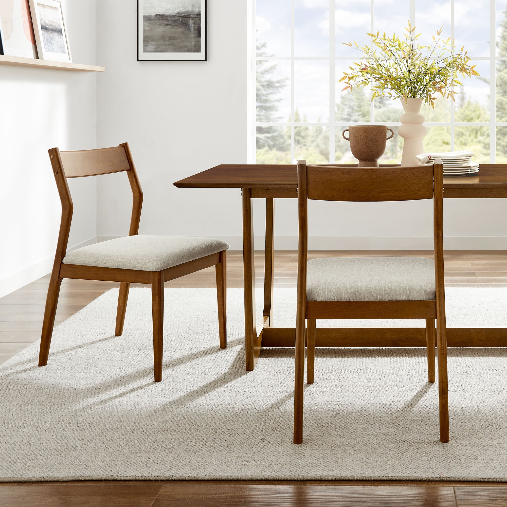 Solara Fabric Wood Dining Side Chairs Set of 2, Walnut Heathered Weave Beige