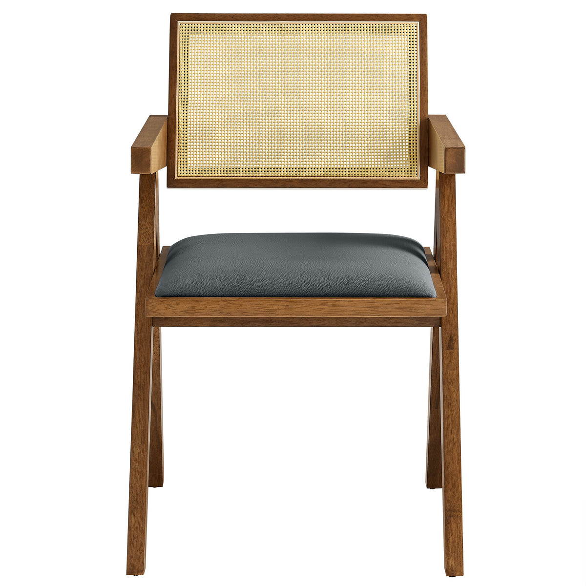 Thera Vegan Leather Cane Dining Armchairs Set of 2, Walnut Black