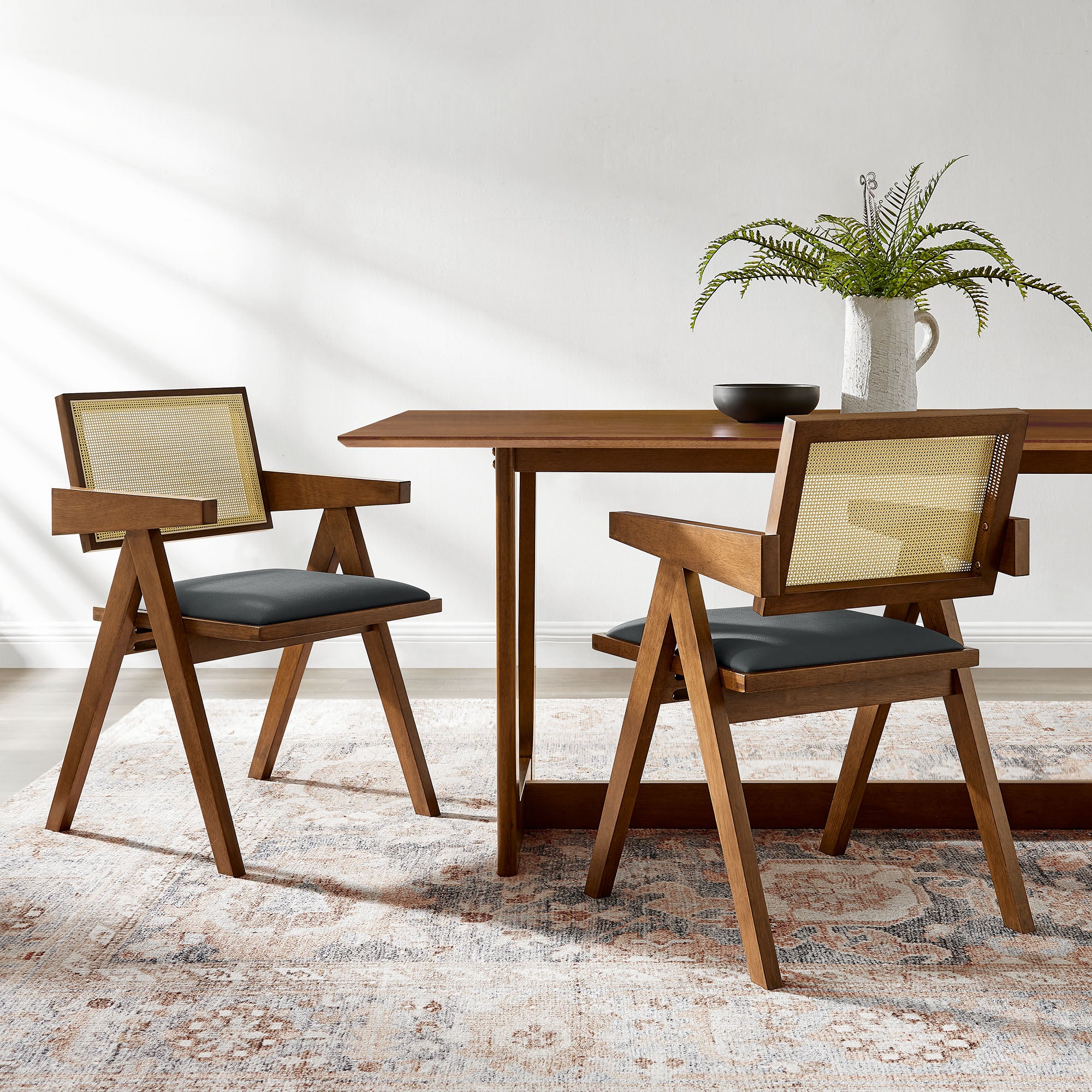 Thera Vegan Leather Cane Dining Armchairs Set of 2, Walnut Black