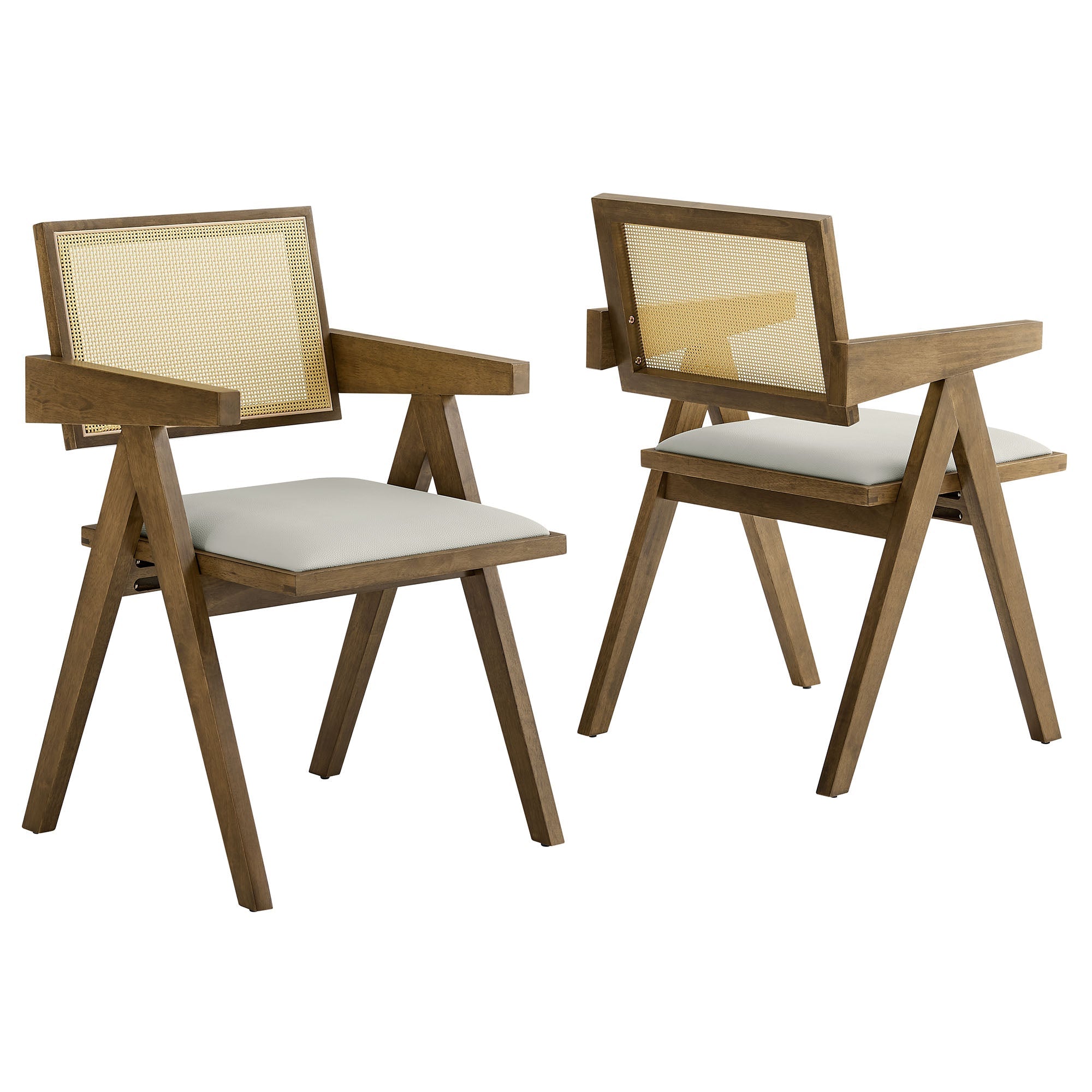 Thera Vegan Leather Cane Dining Armchairs Set of 2, Weathered Oak Stone