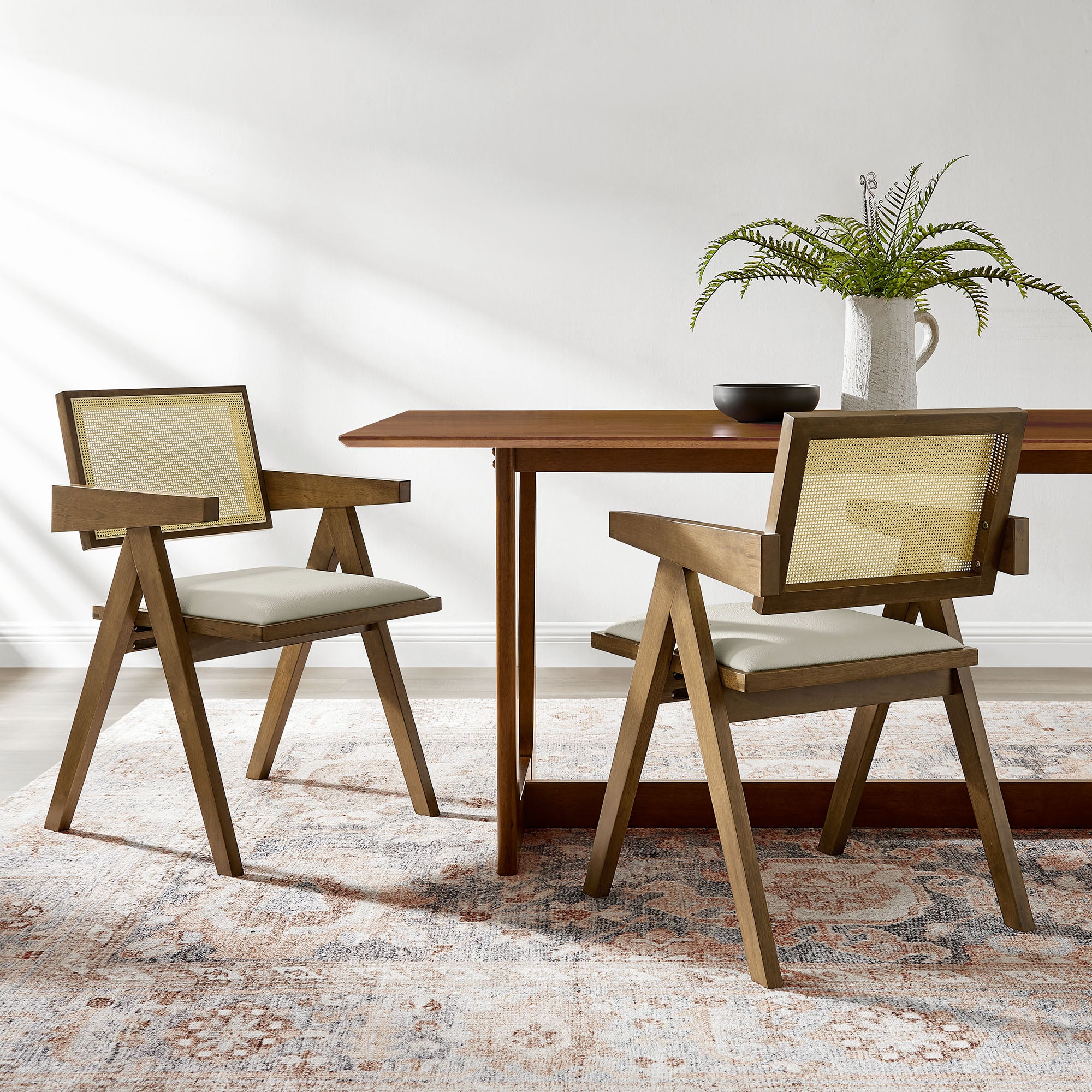 Thera Vegan Leather Cane Dining Armchairs Set of 2, Weathered Oak Stone