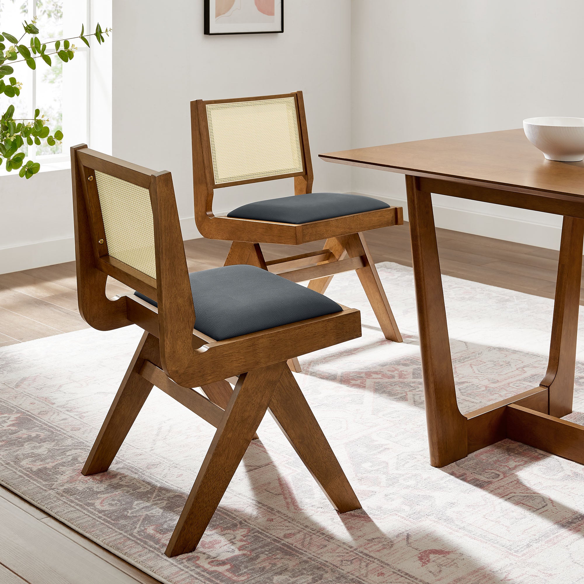 Thera Vegan Leather and Cane Dining Side Chairs Set of 2, Walnut Black