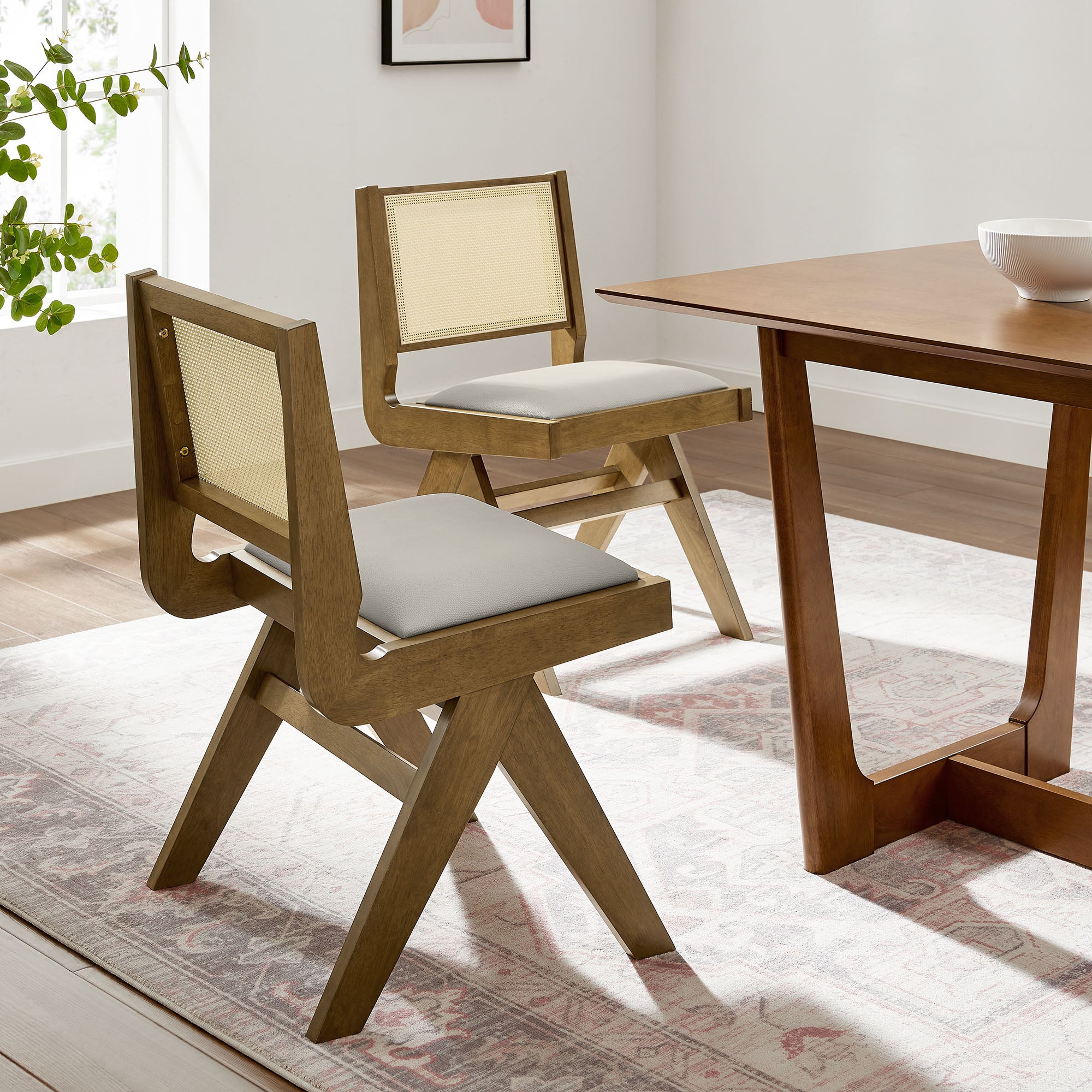 Thera Vegan Leather and Cane Dining Side Chairs Set of 2, Weathered Oak Stone