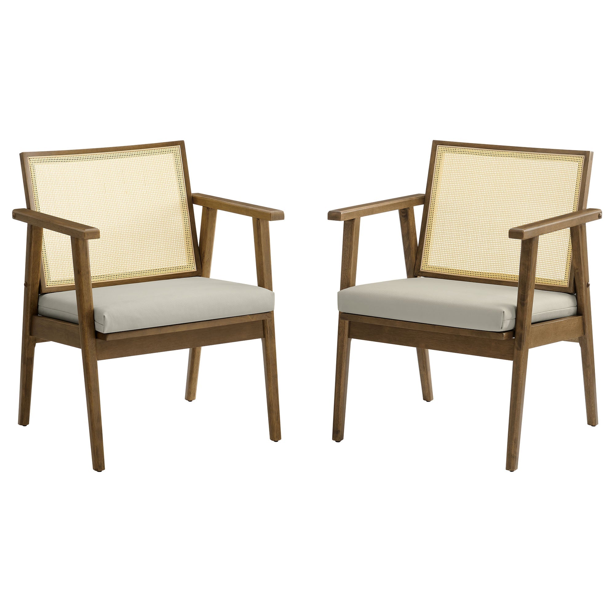 Thera Vegan Leather and Cane Accent Armchairs Set of 2, Weathered Oak Stone