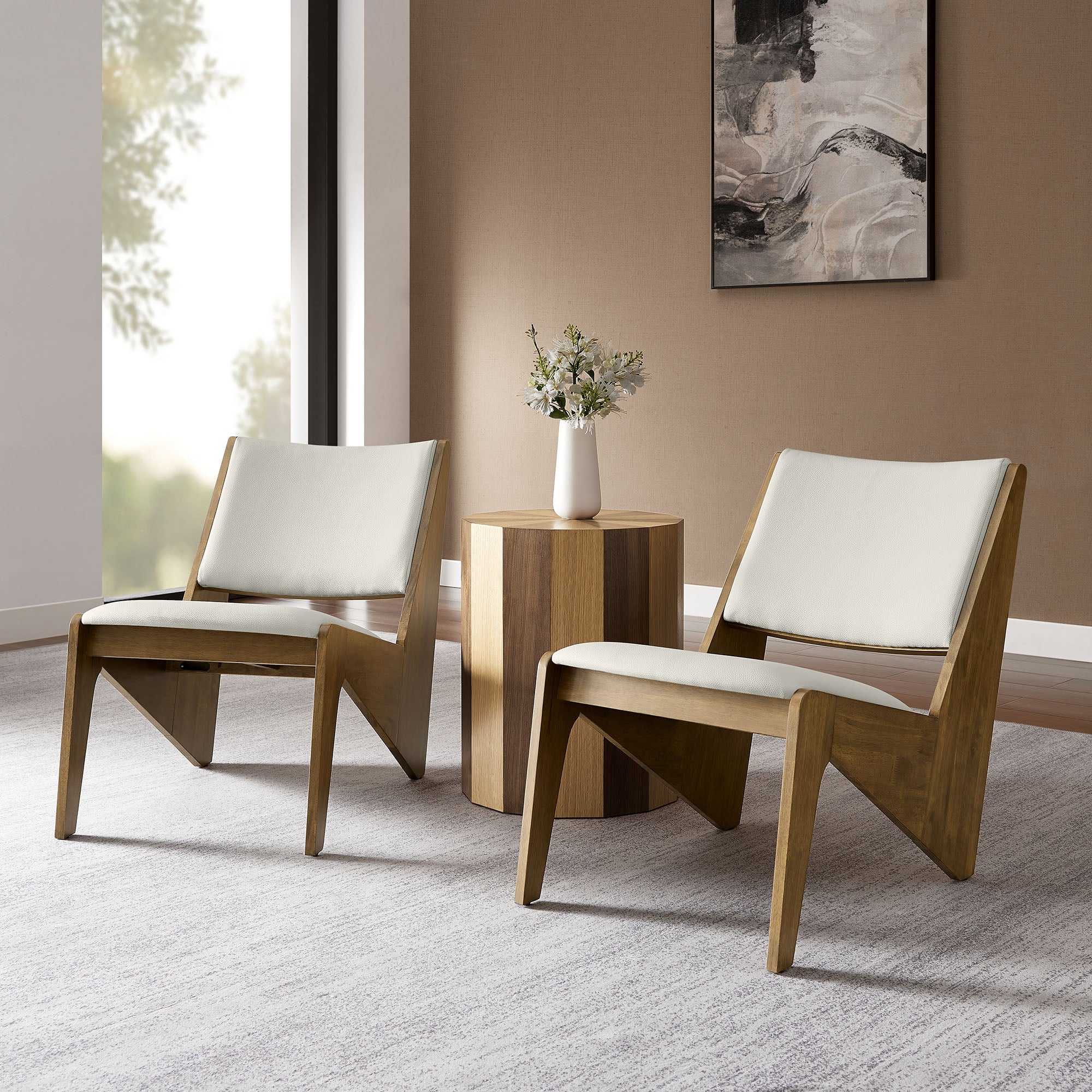 Rylina Vegan Leather Accent Chairs Set of 2, Weathered Oak Stone