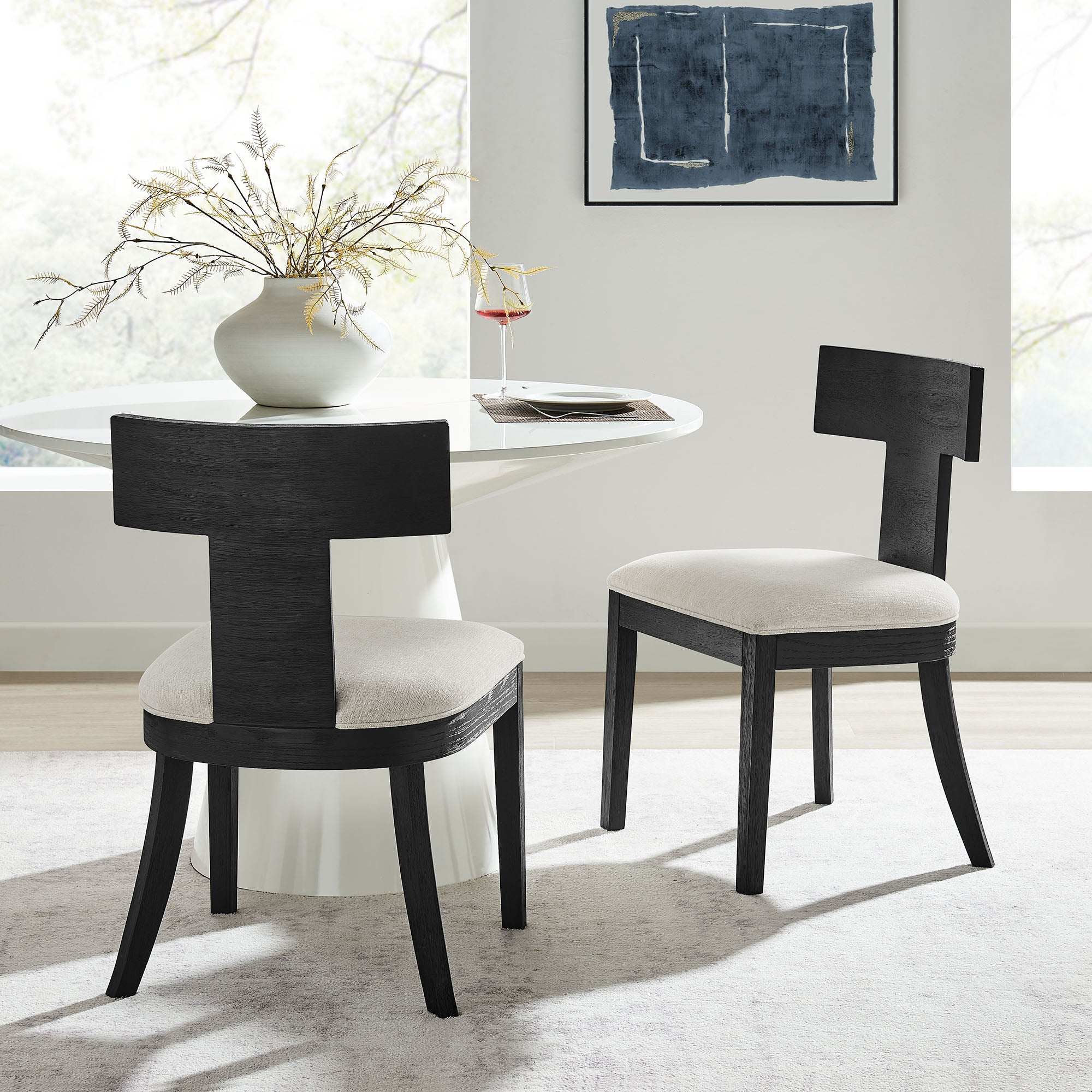 Peregrine Wood and Fabric Upholstered Dining Chairs Set of 2, Black Heathered Weave Ivory