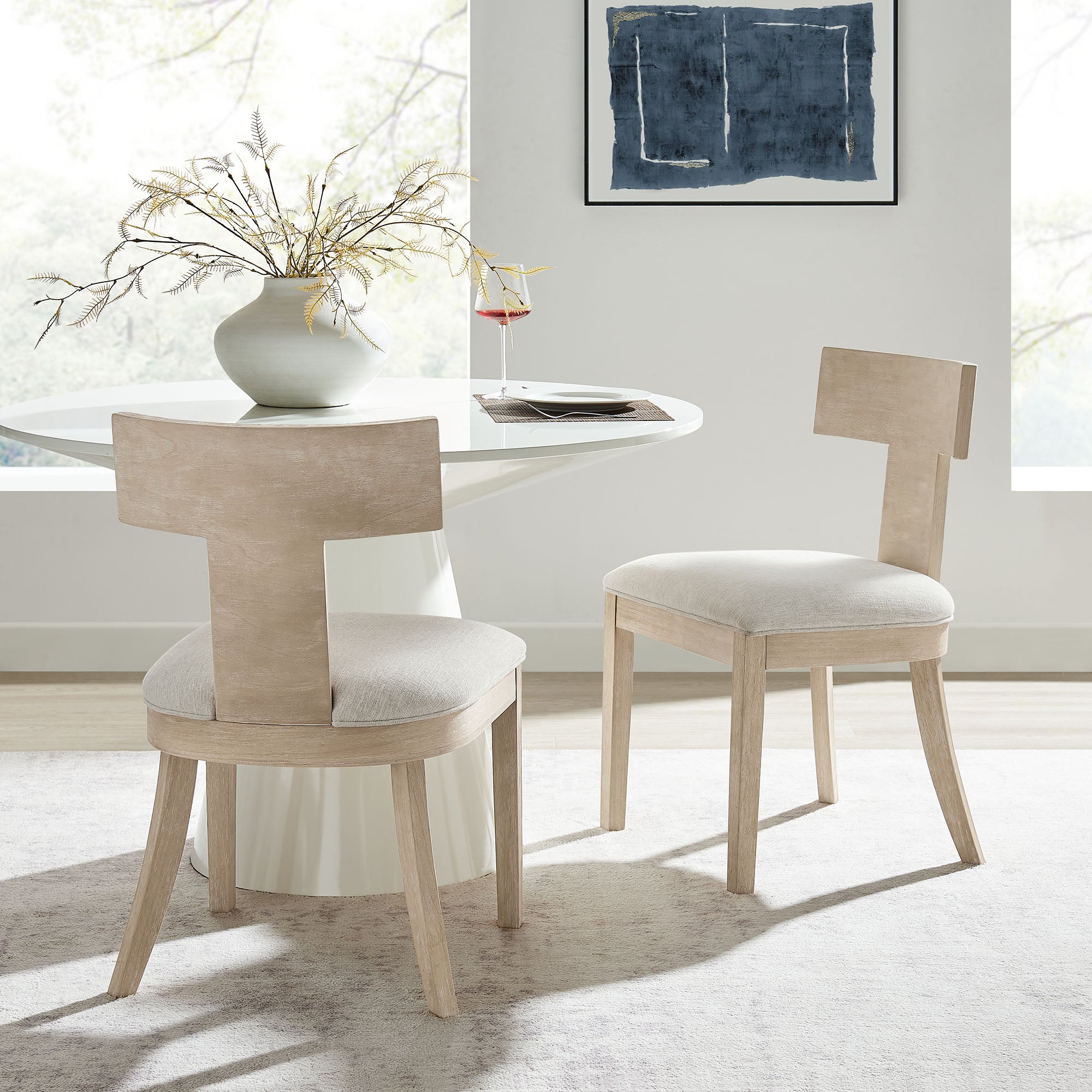 Peregrine Wood and Fabric Upholstered Dining Chairs Set of 2, Natural Heathered Weave Ivory