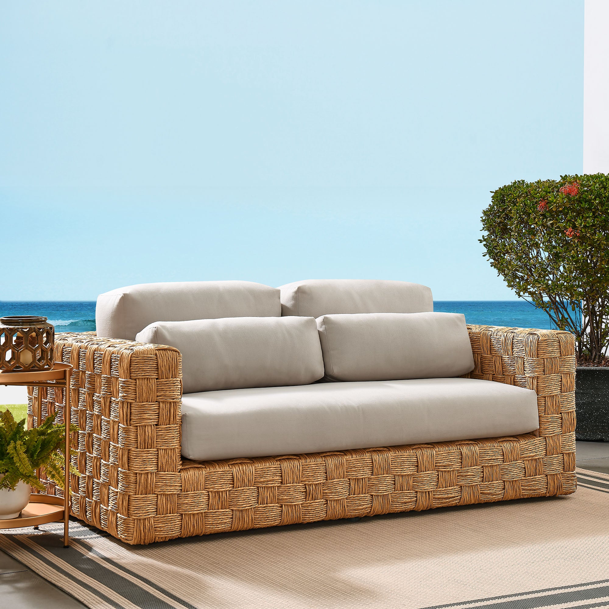 Thames Outdoor Patio Wicker Outdoor Patio Rattan Loveseat, Natural Light Gray