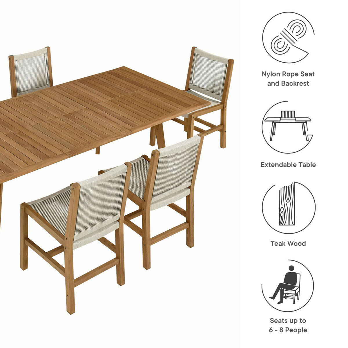 Vienna 7-Piece Outdoor Patio Teak and Rope Dining Set with Armless Chairs, Natural Natural