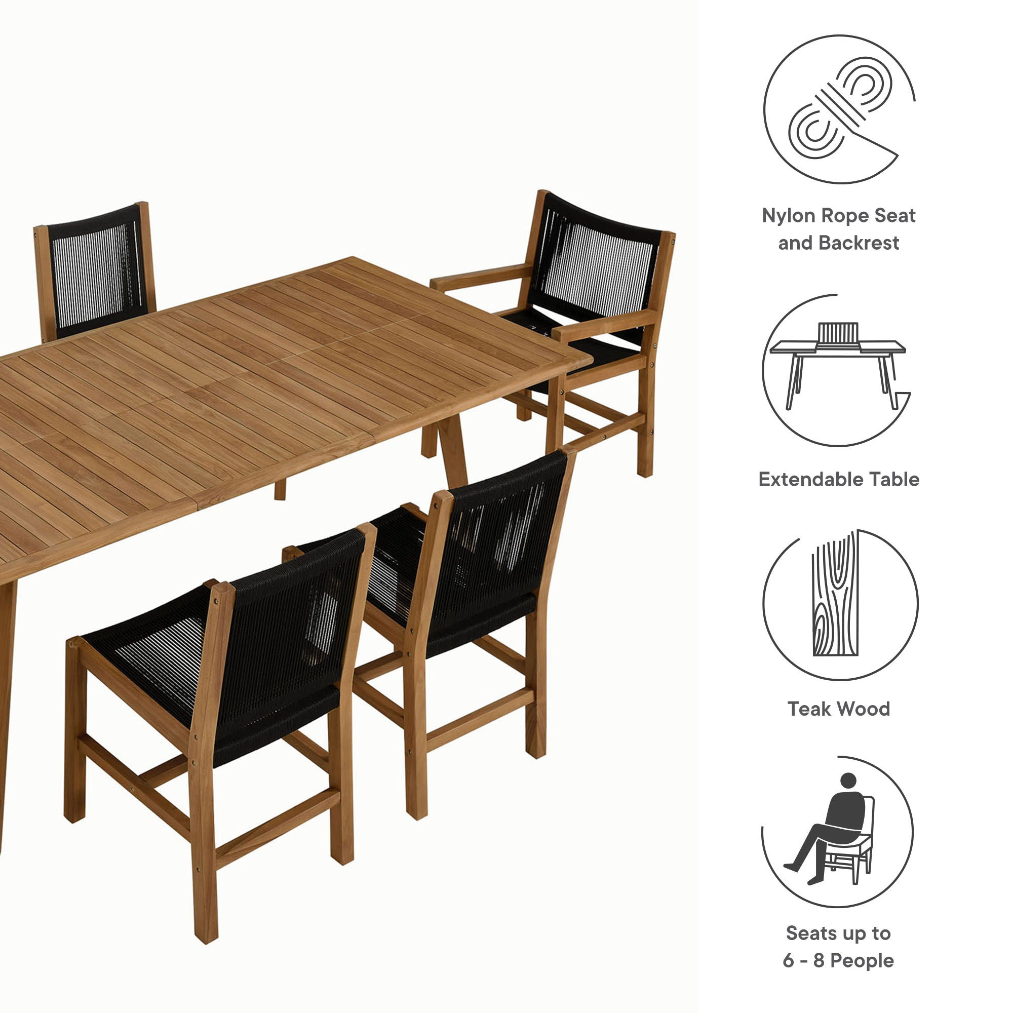 Vienna 7-Piece Outdoor Patio Teak and Rope Dining Set, Natural Black