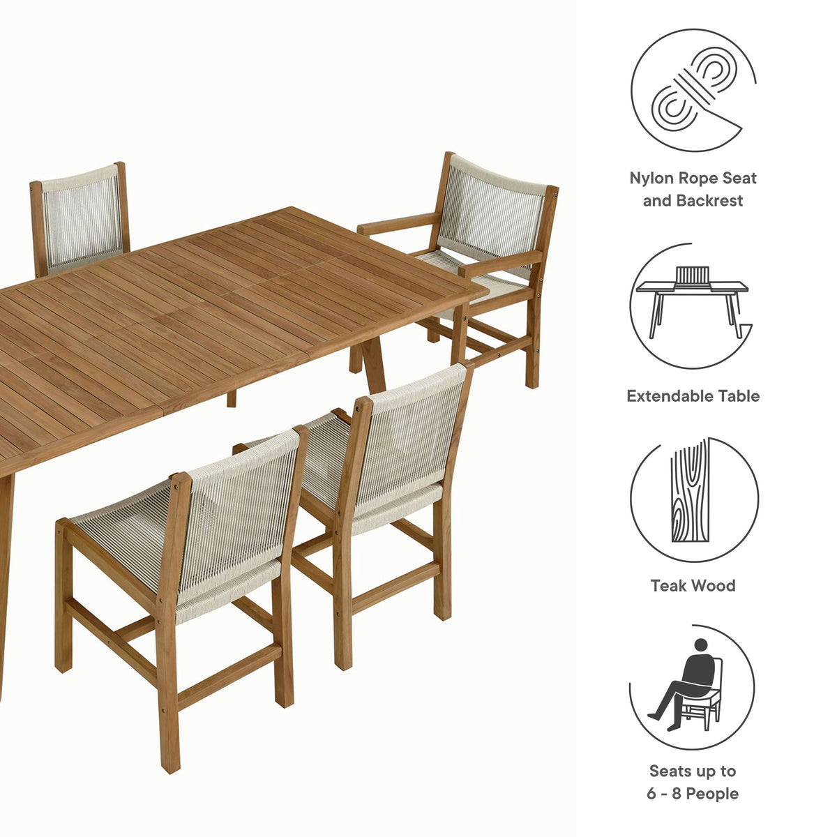 Vienna 7-Piece Outdoor Patio Teak and Rope Dining Set, Natural Natural